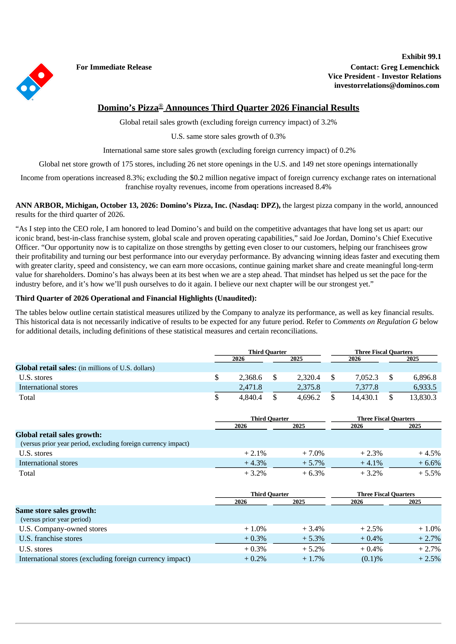 Domino's Pizza's Q3 2026 Press Release