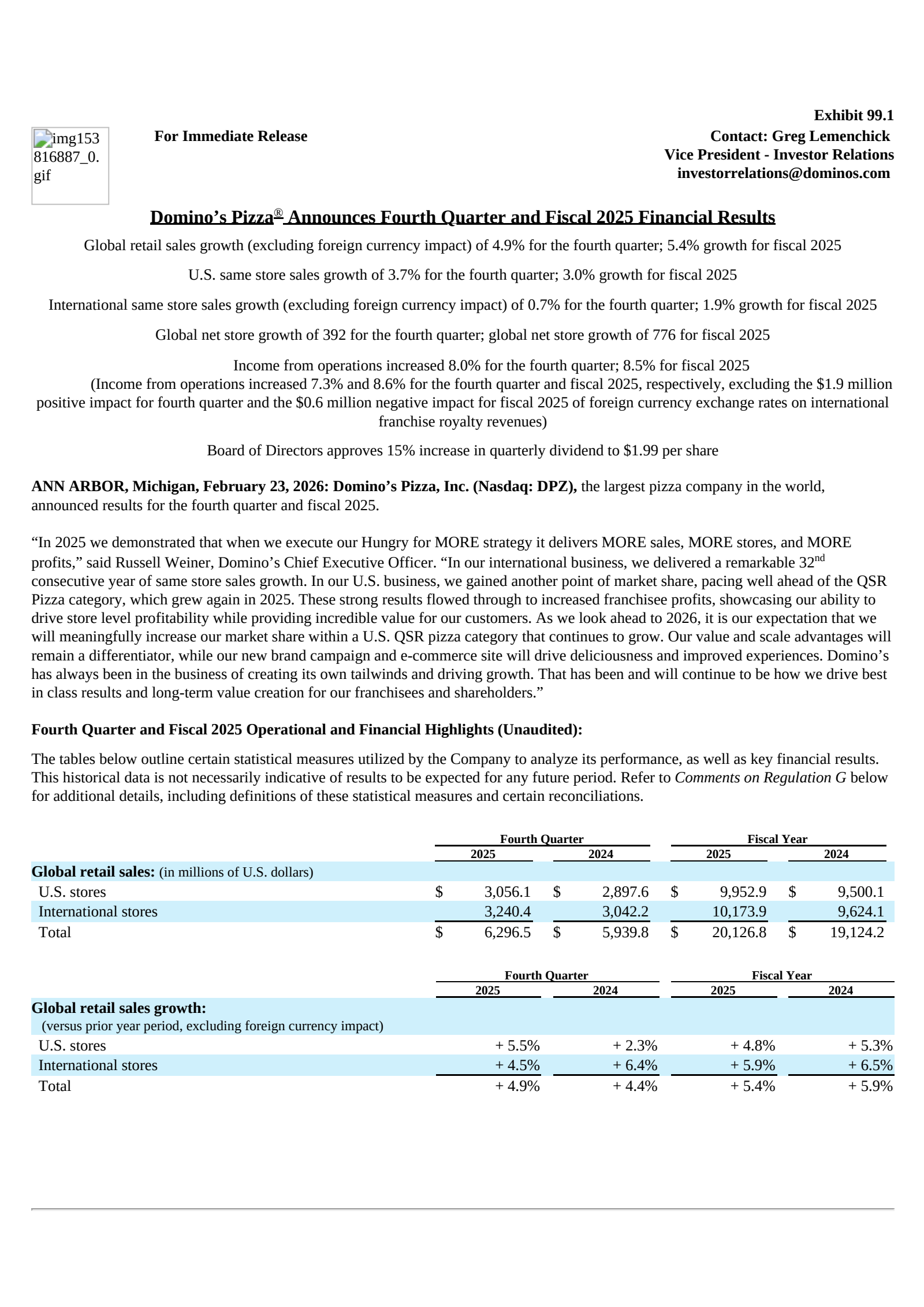 Domino's Pizza's Q4 2025 Press Release