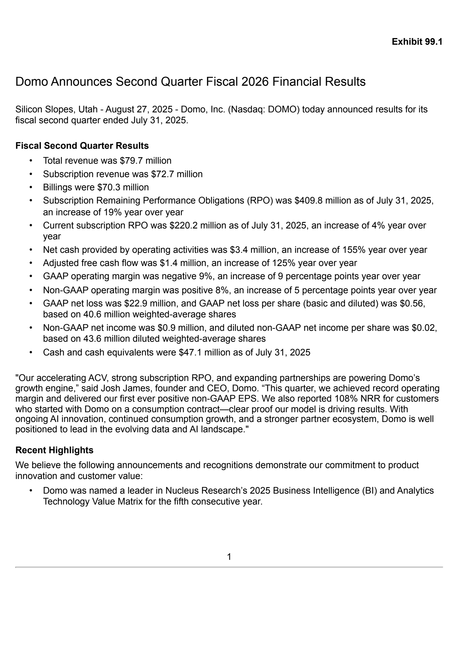 Domo's Q2 2026 Press Release