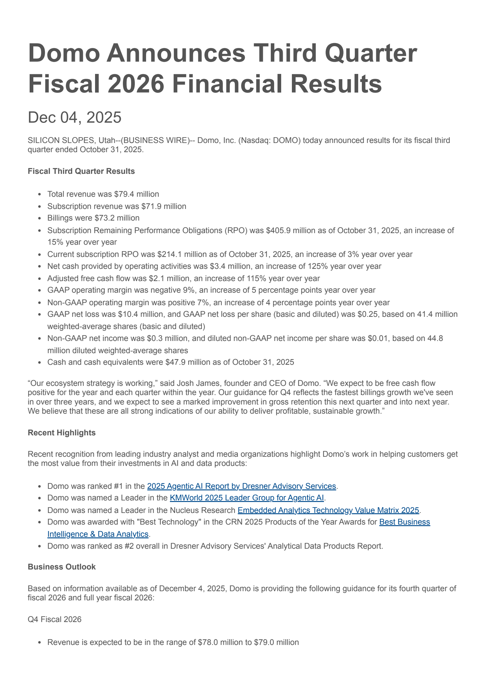Domo's Q3 2026 Earnings Release