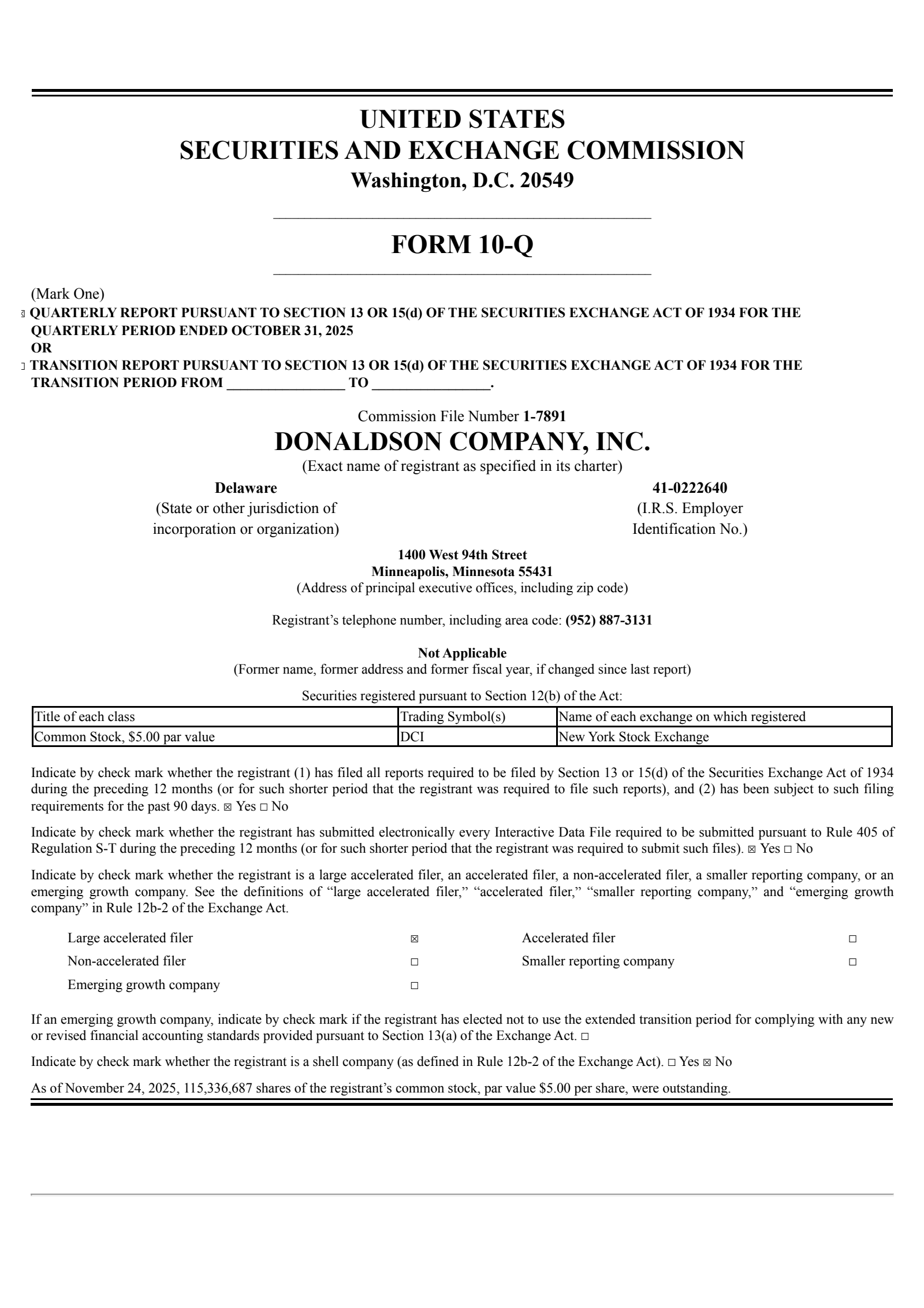 Donaldson's Q1 2026 Quarterly Report