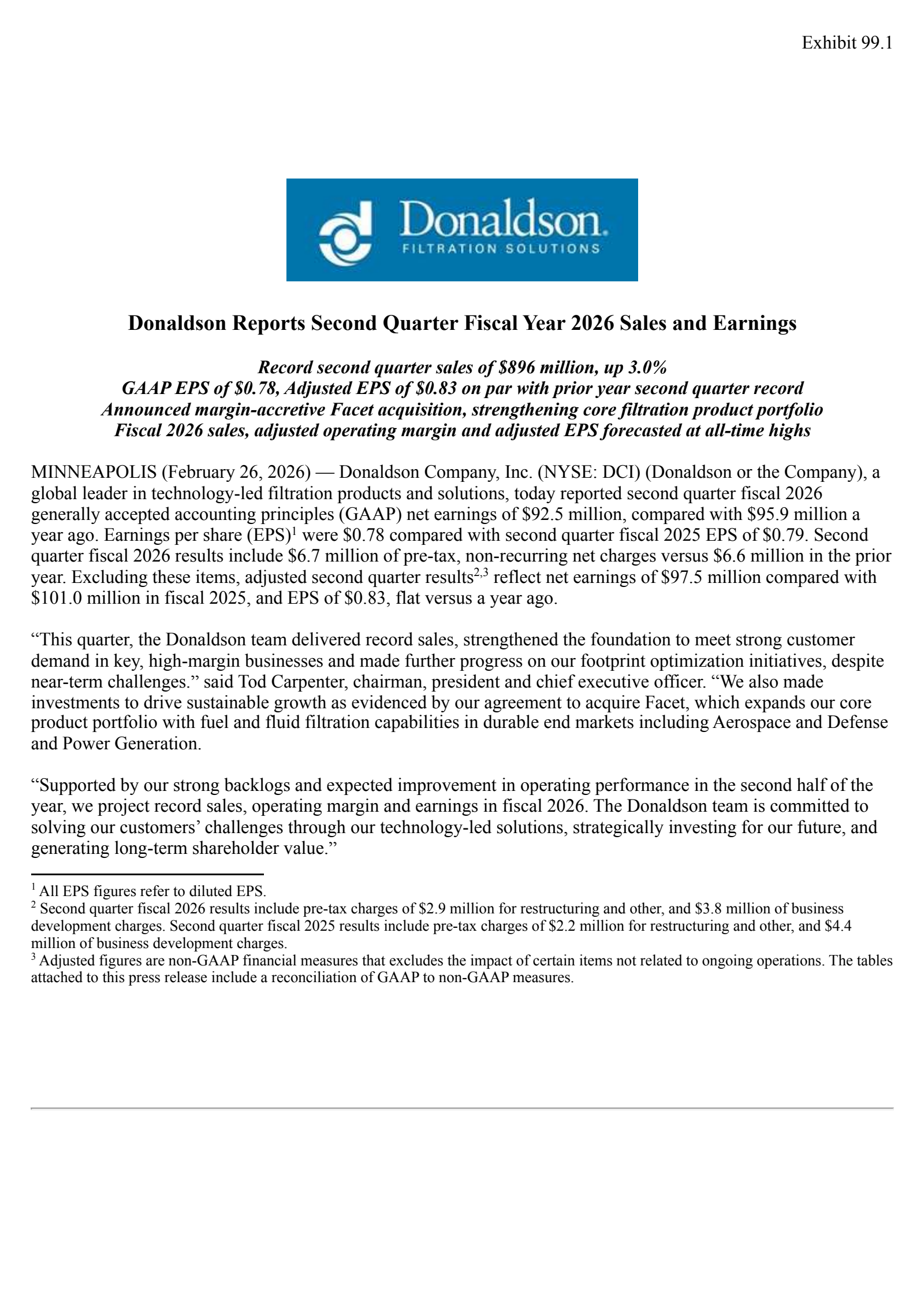 Donaldson's Q2 2026 Press Release
