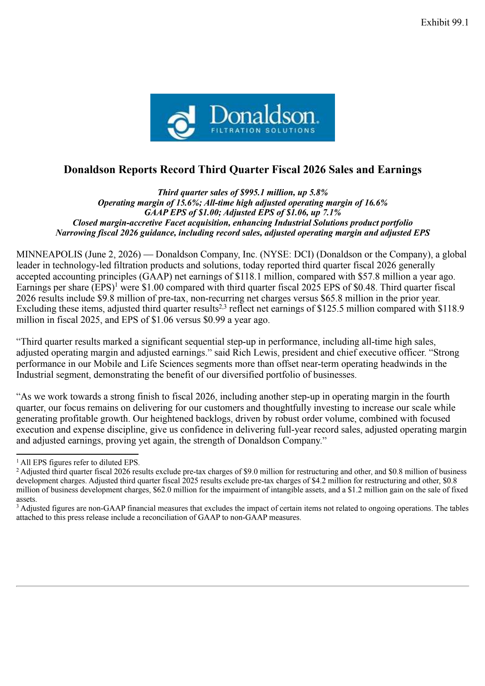 Donaldson's Q3 2026 Press Release