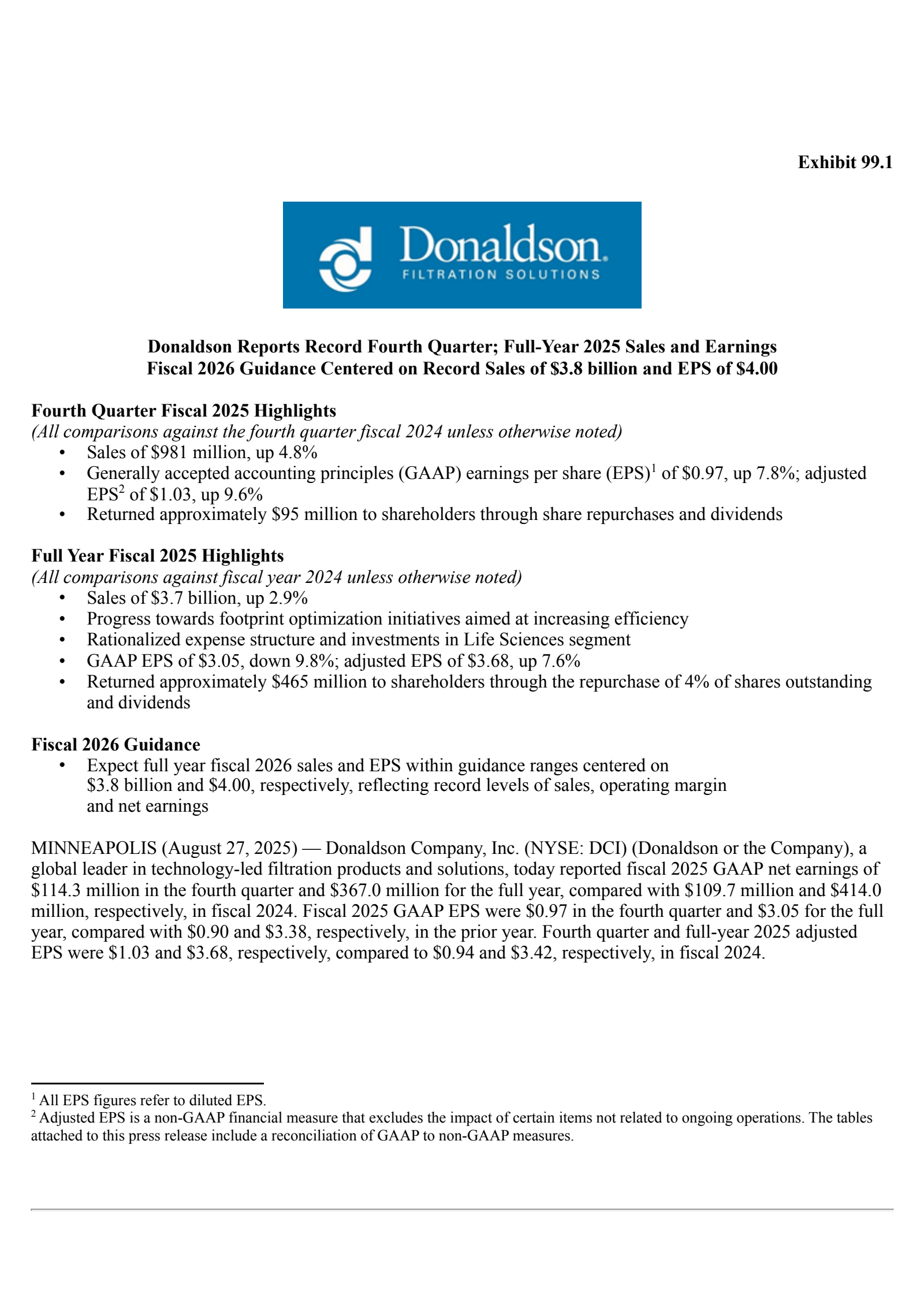 Donaldson's Q4 2025 Press Release