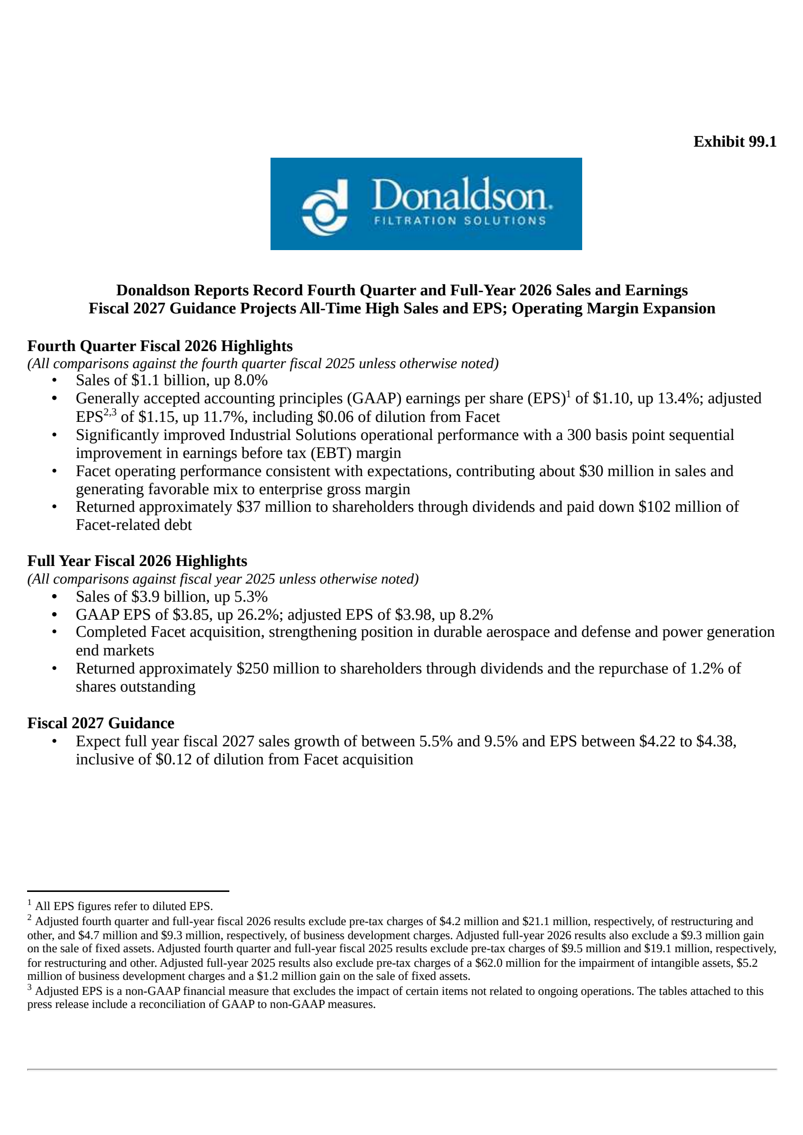 Donaldson's Q4 2026 Press Release