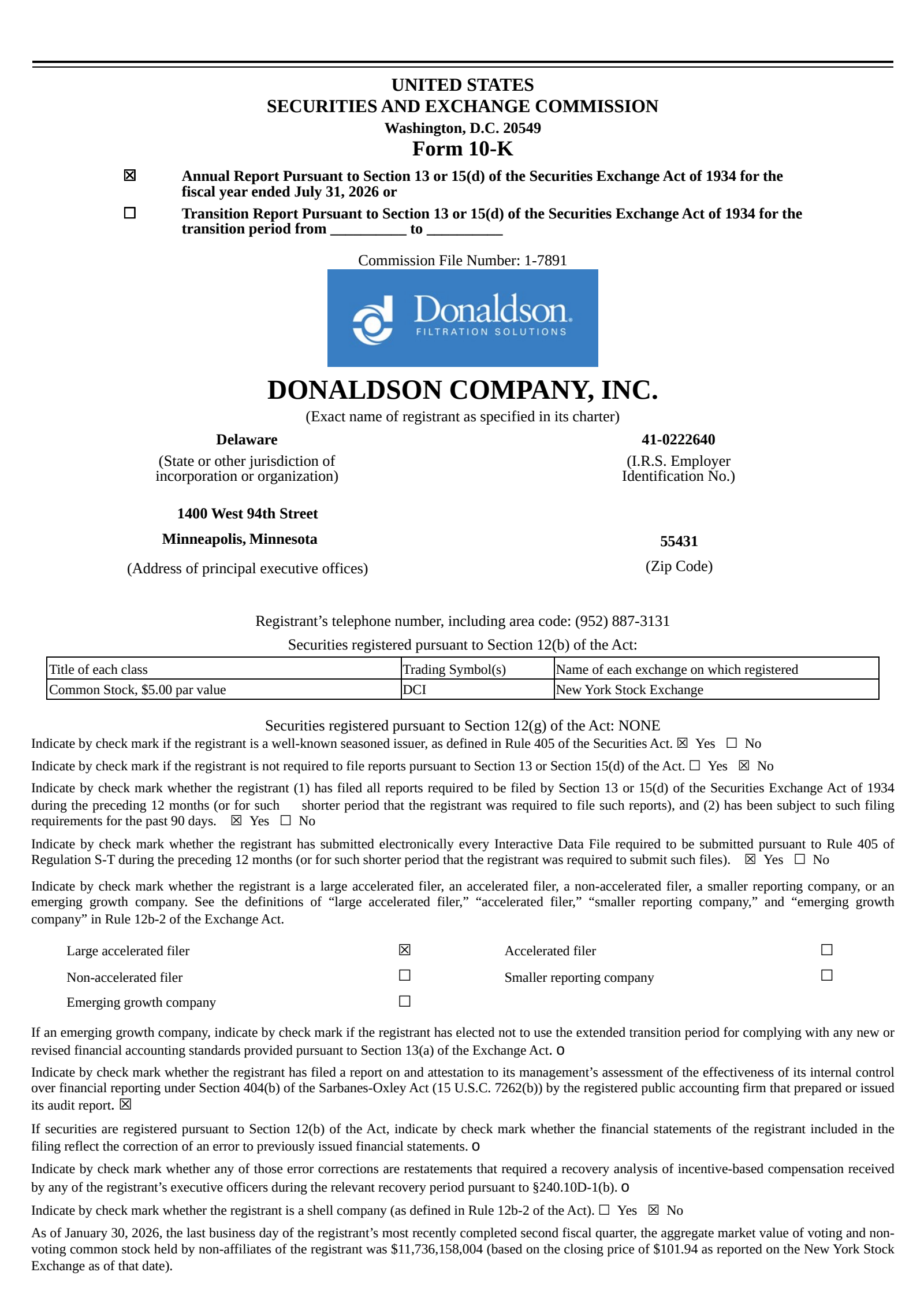 Donaldson's Q4 2026 Annual report
