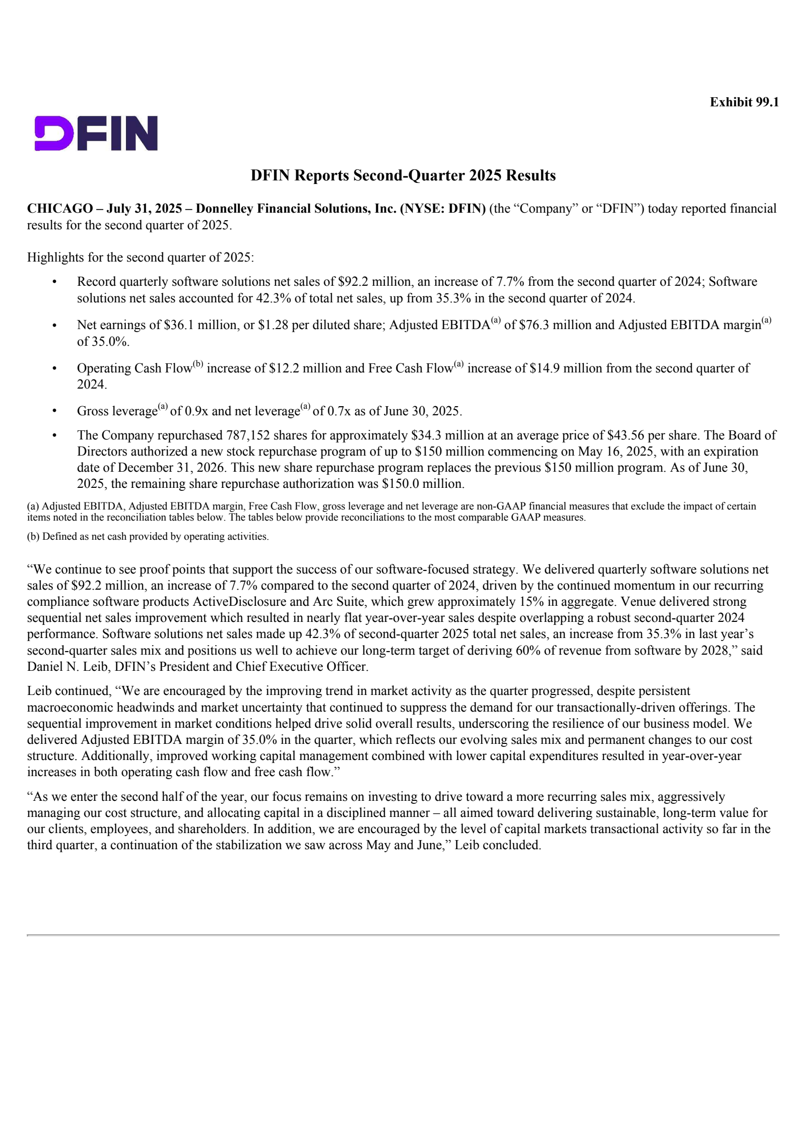 Donnelley Financial Solutions' Q2 2025 Press Release
