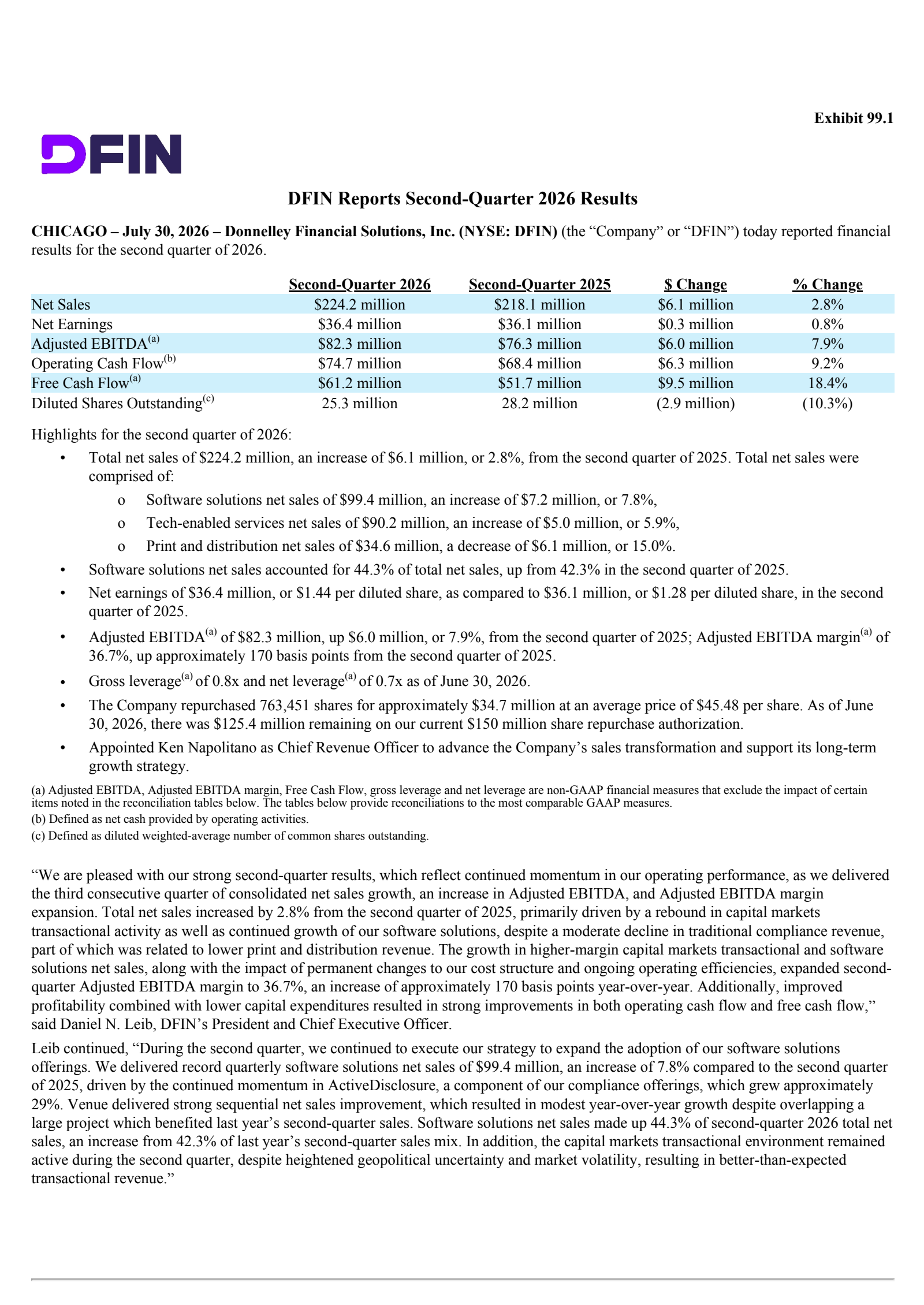 Donnelley Financial Solutions' Q2 2026 Press Release