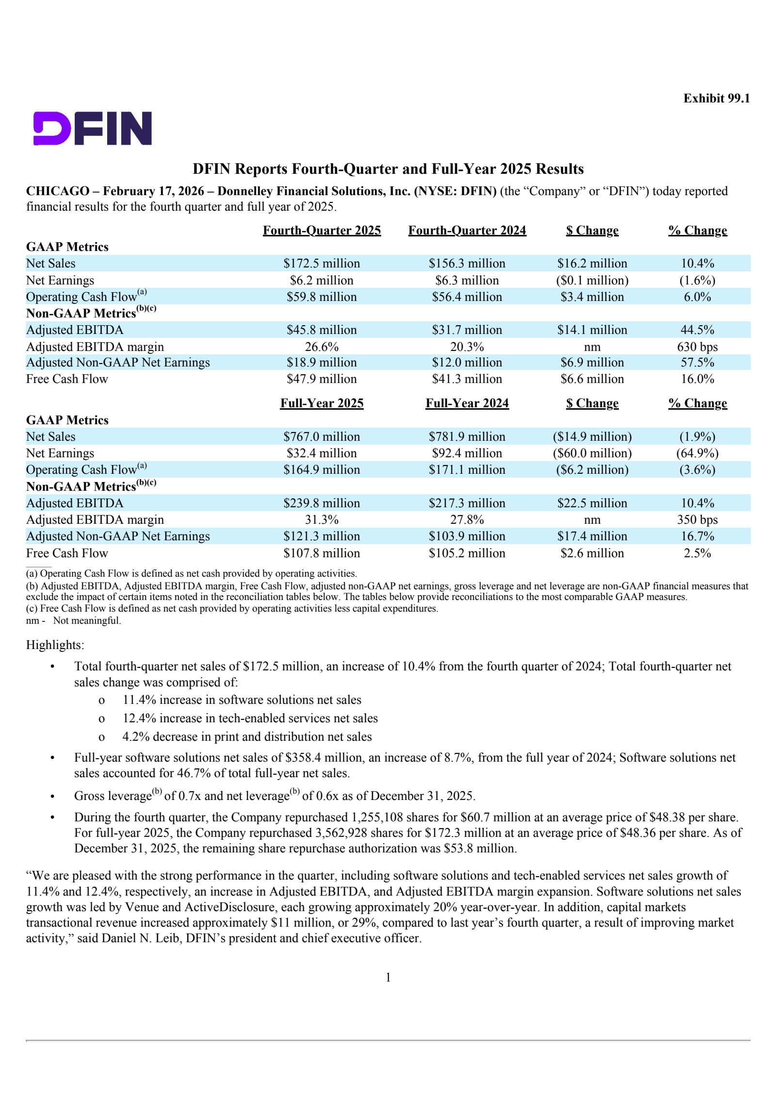 Donnelley Financial Solutions' Q4 2025 Press Release