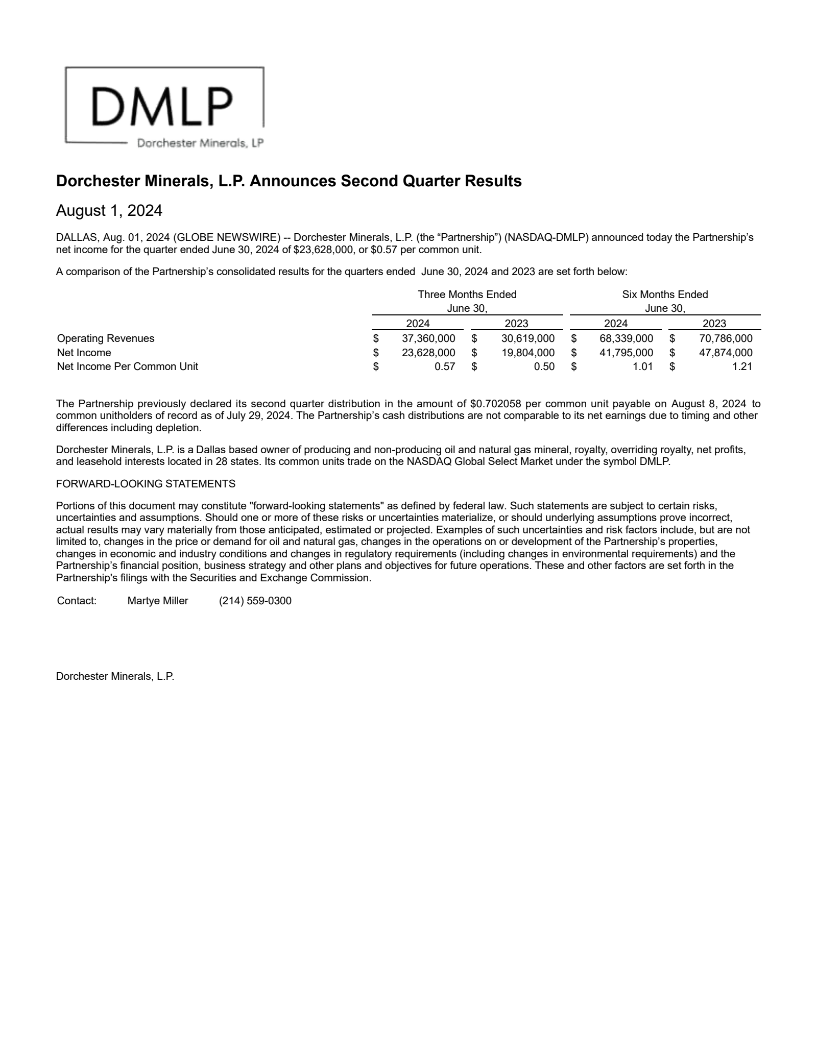 Dorchester Minerals' Q2 2024 Press Release