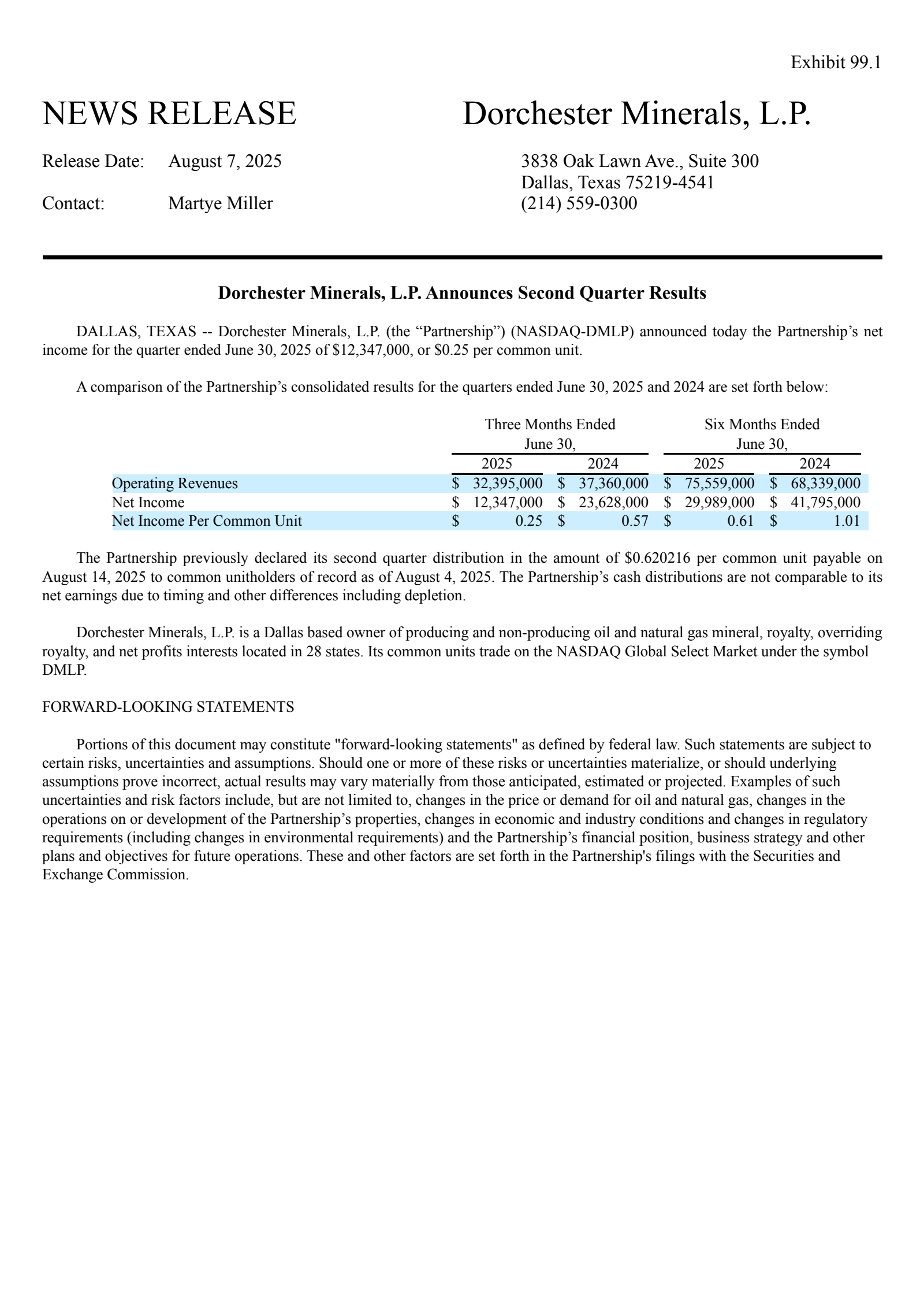 Dorchester Minerals' Q2 2025 Press Release