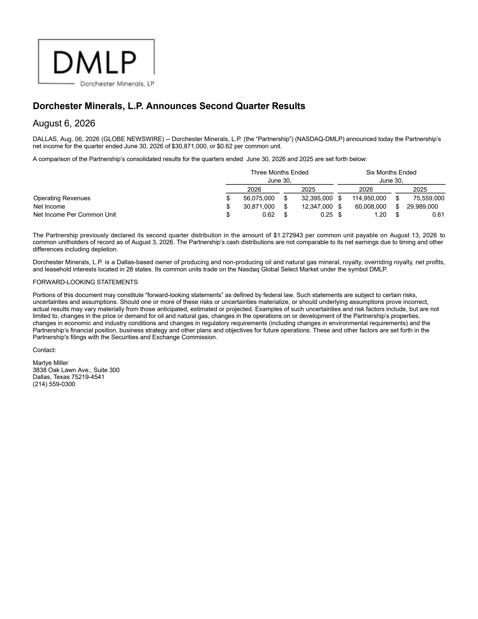 Dorchester Minerals' Q2 2026 Press Release