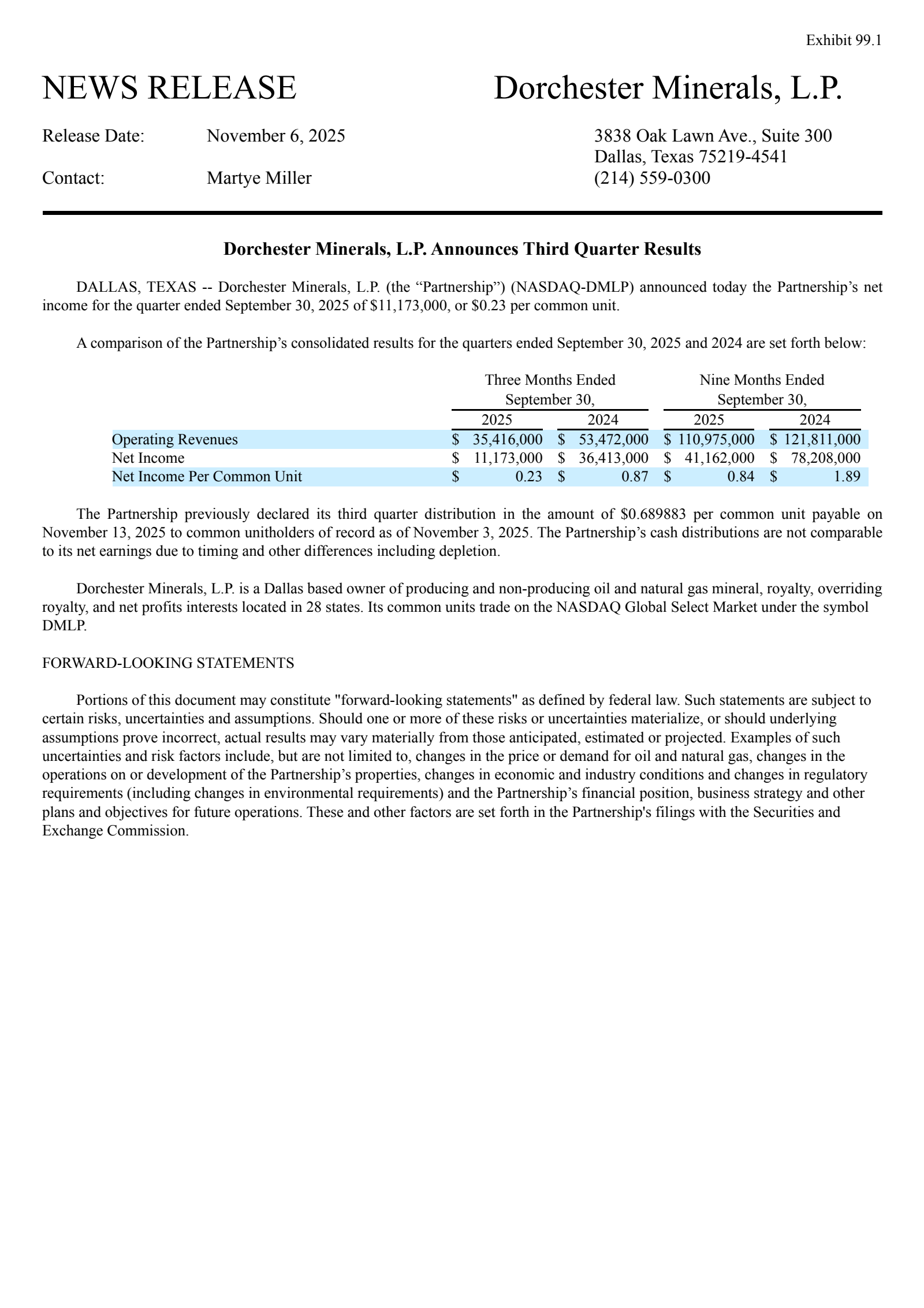 Dorchester Minerals' Q3 2025 Earnings Release