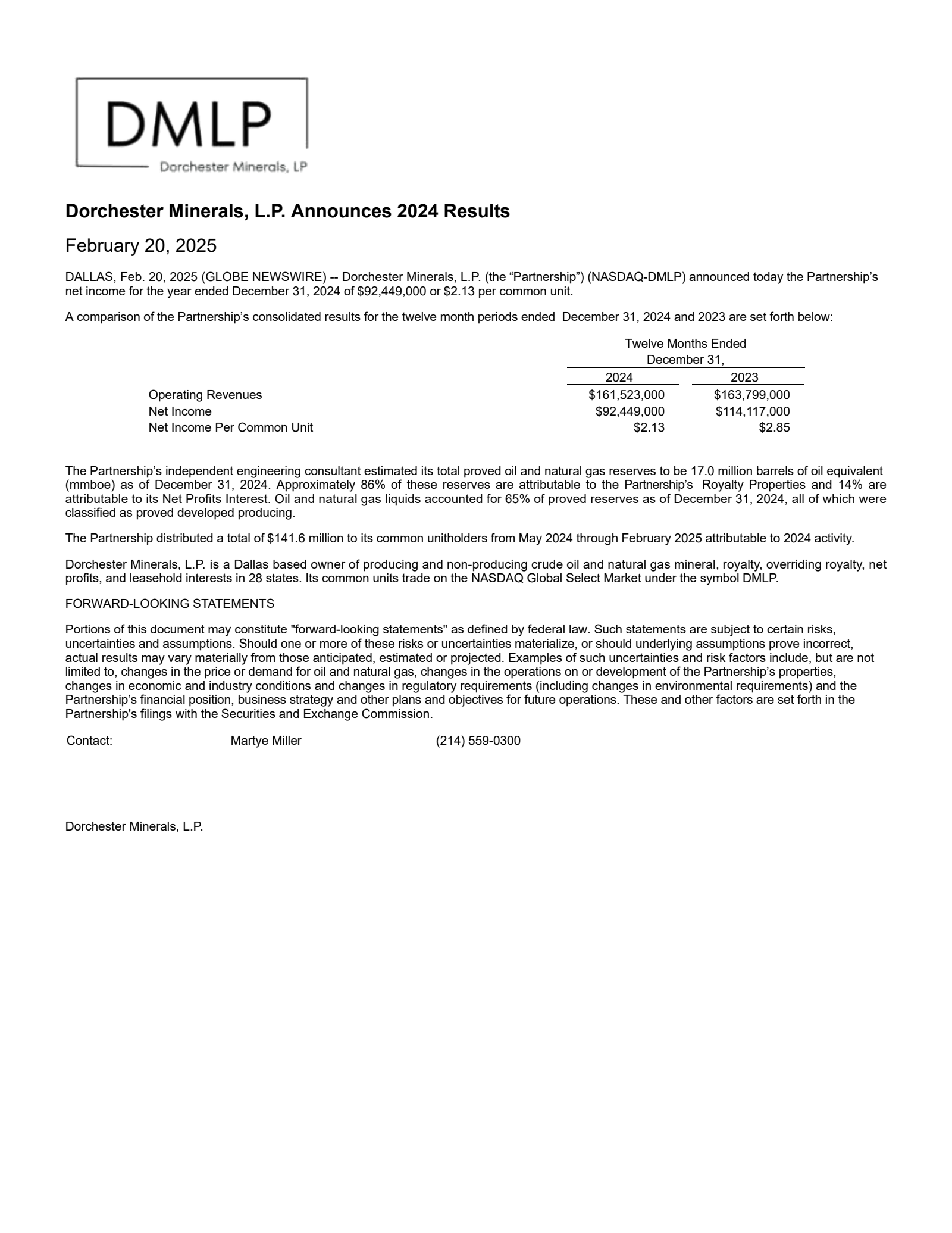 Dorchester Minerals' Q4 2024 Earnings Release