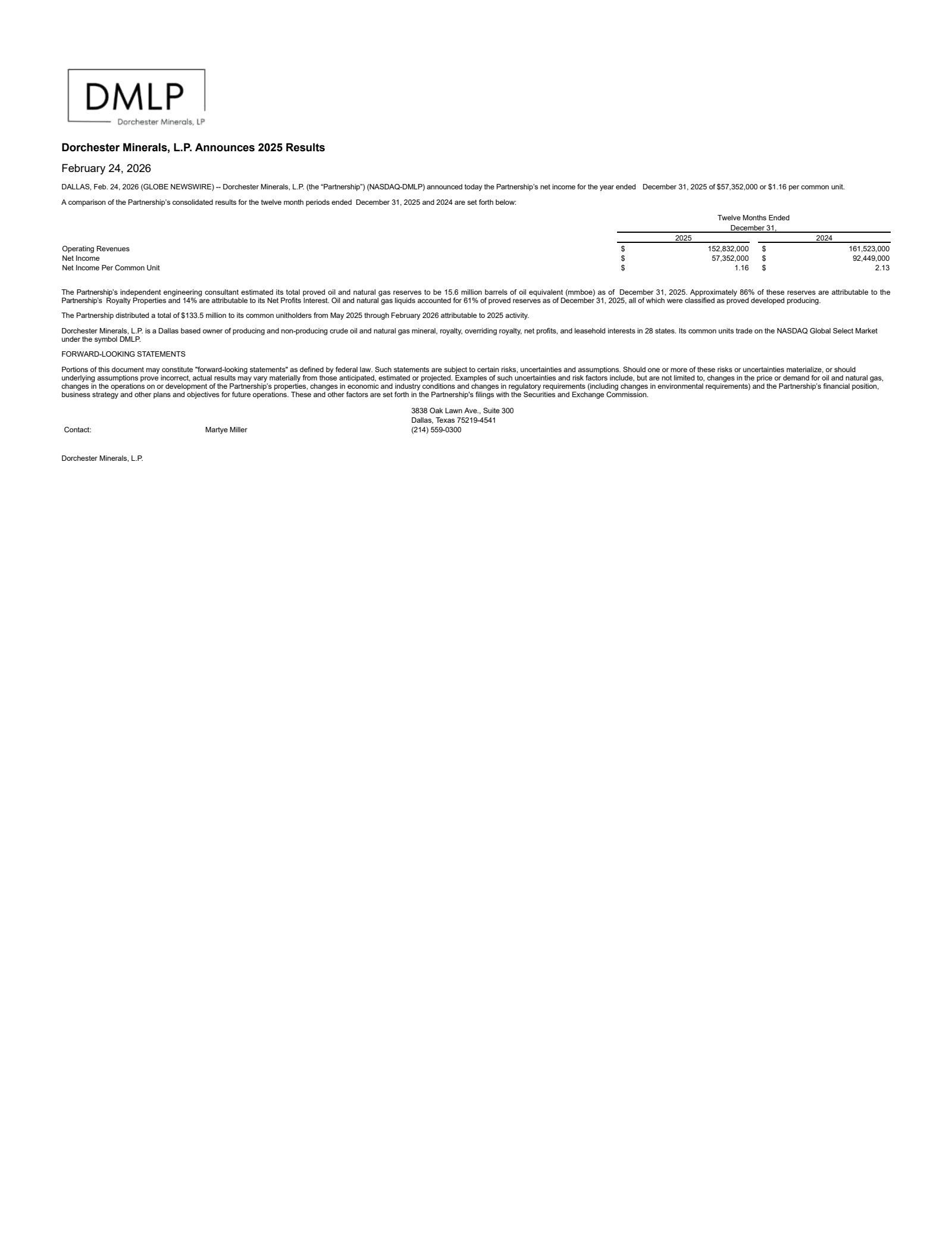 Dorchester Minerals' Q4 2025 Press Release
