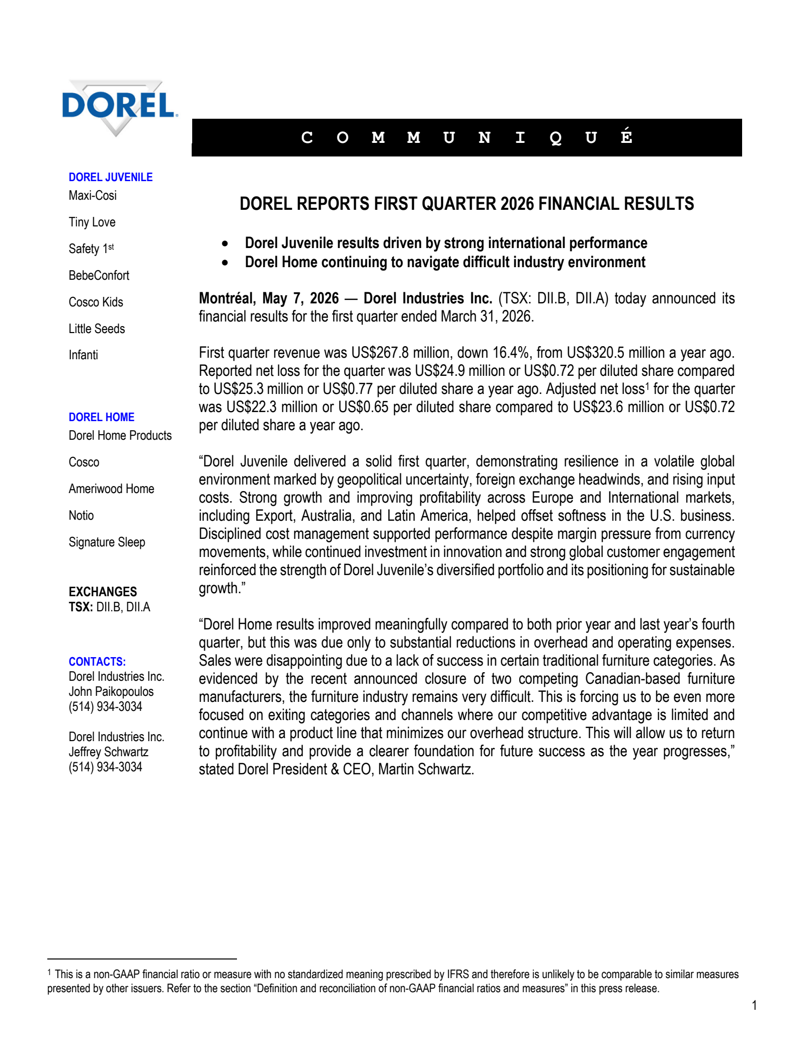 Dorel Industries' Q1 2026 Press Release