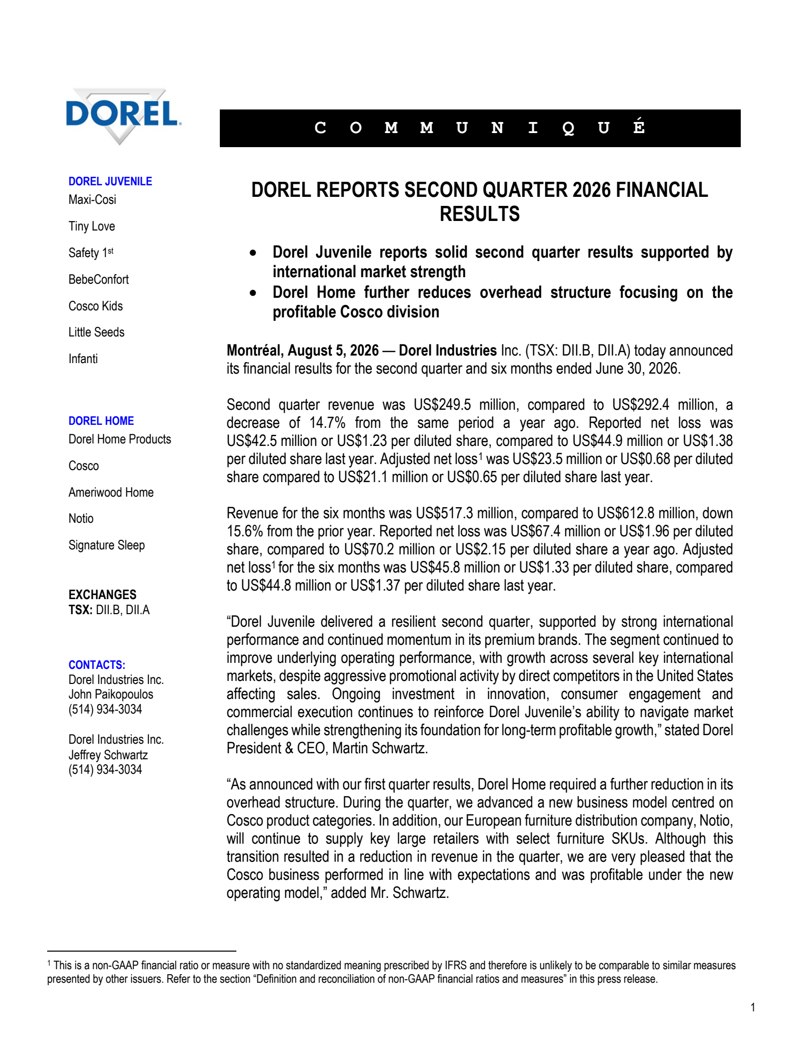 Dorel Industries' Q2 2026 Press Release