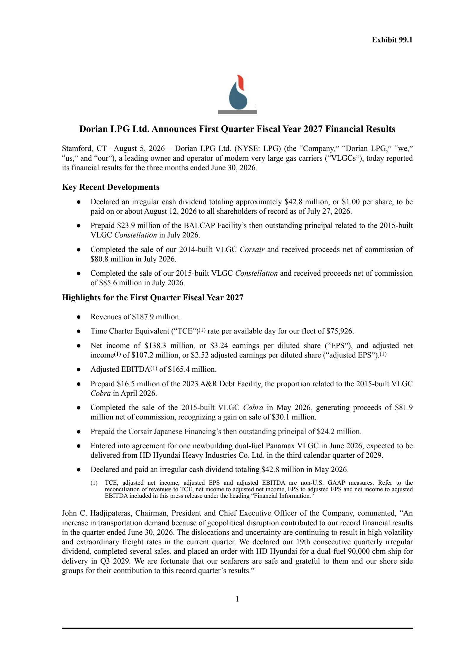 Dorian LPG's Q1 2027 Press Release