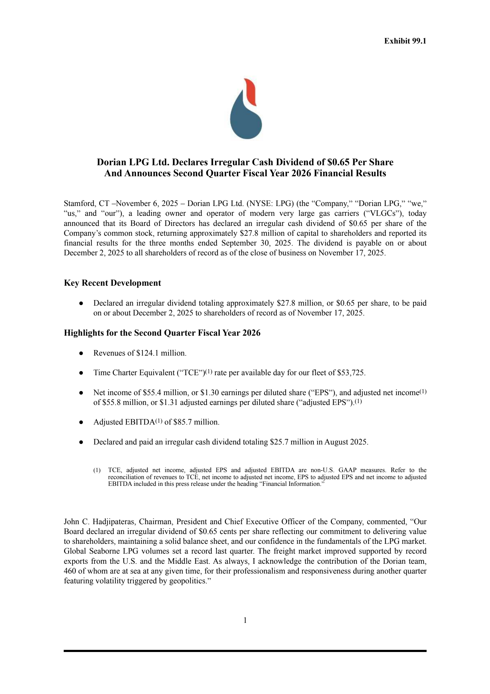 Dorian LPG's Q2 2026 Earnings Release