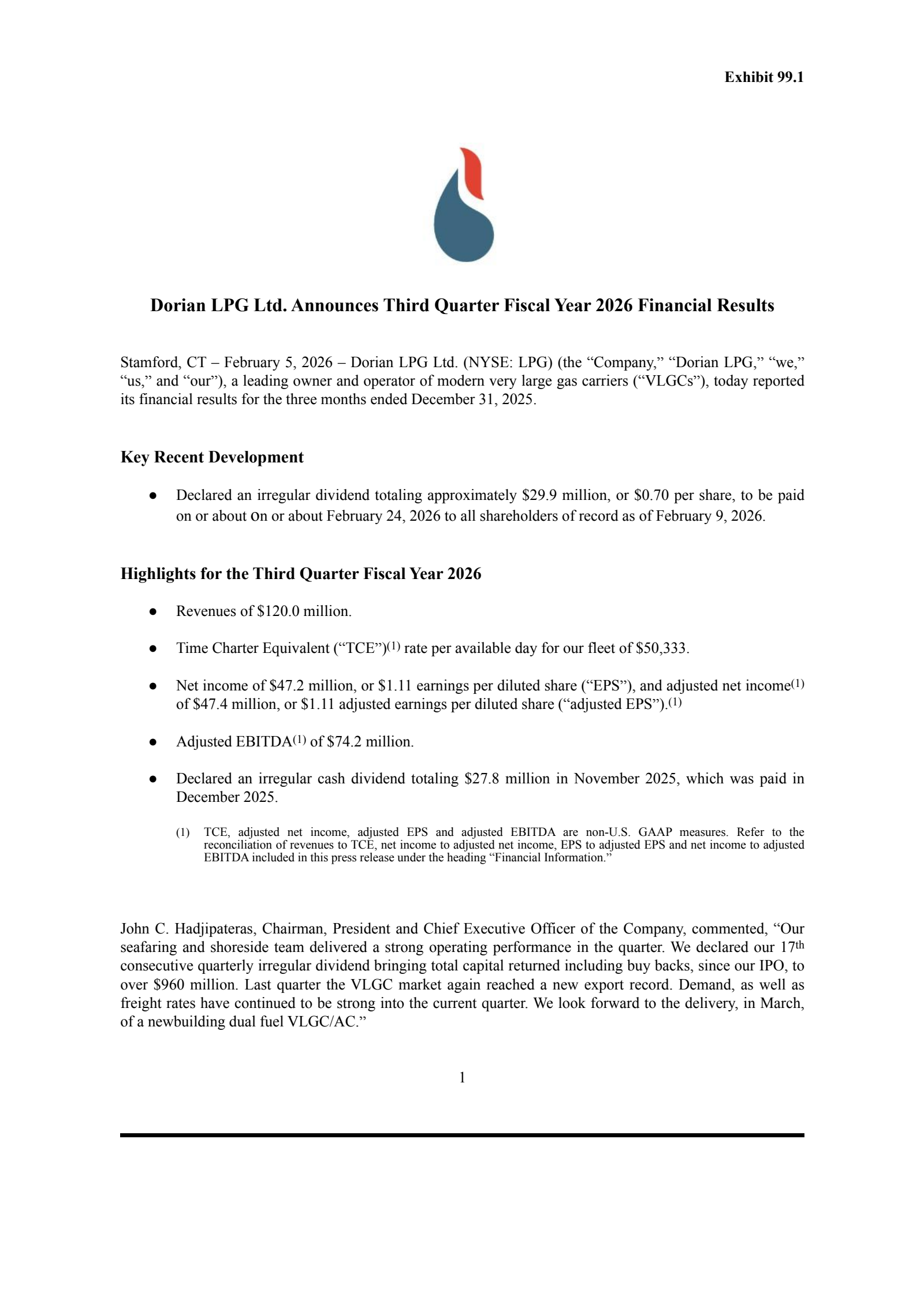Dorian LPG's Q3 2026 Press Release