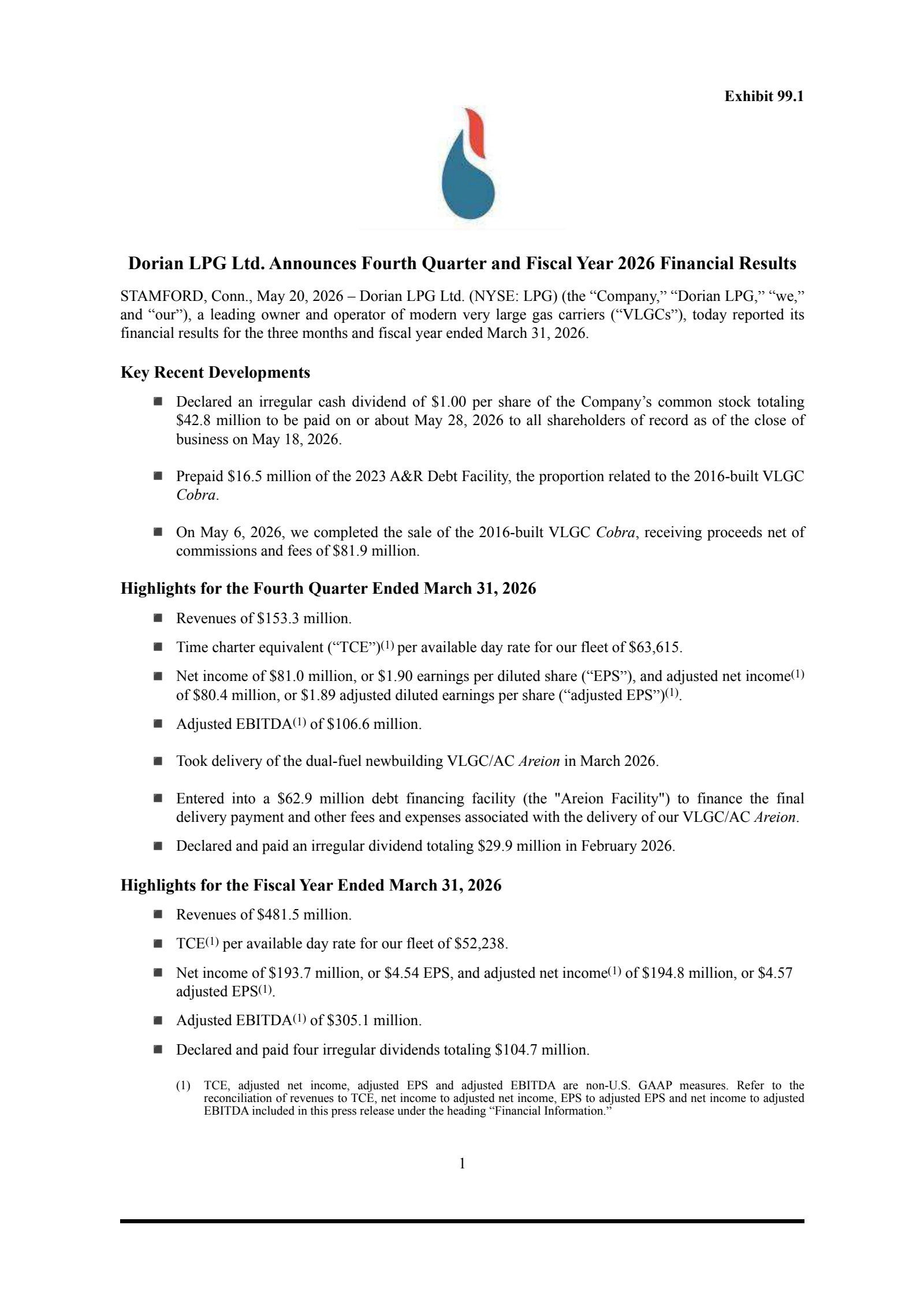 Dorian LPG's Q4 2026 Press Release