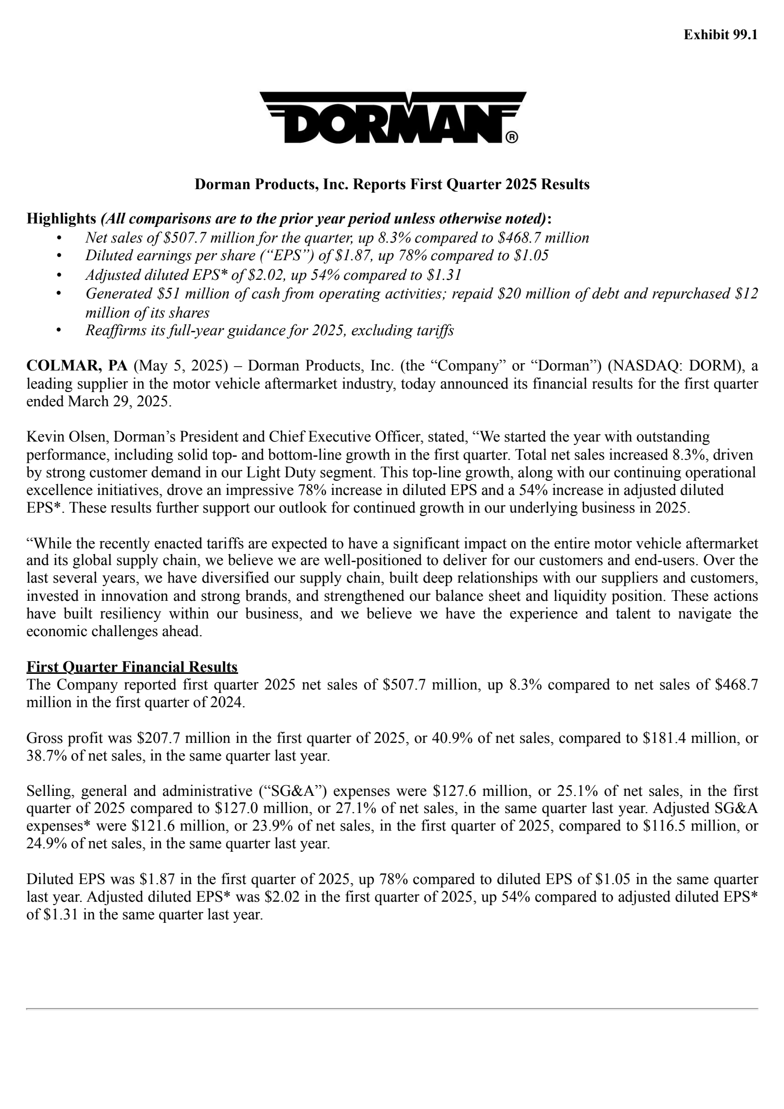 Dorman Products' Q1 2025 Press Release