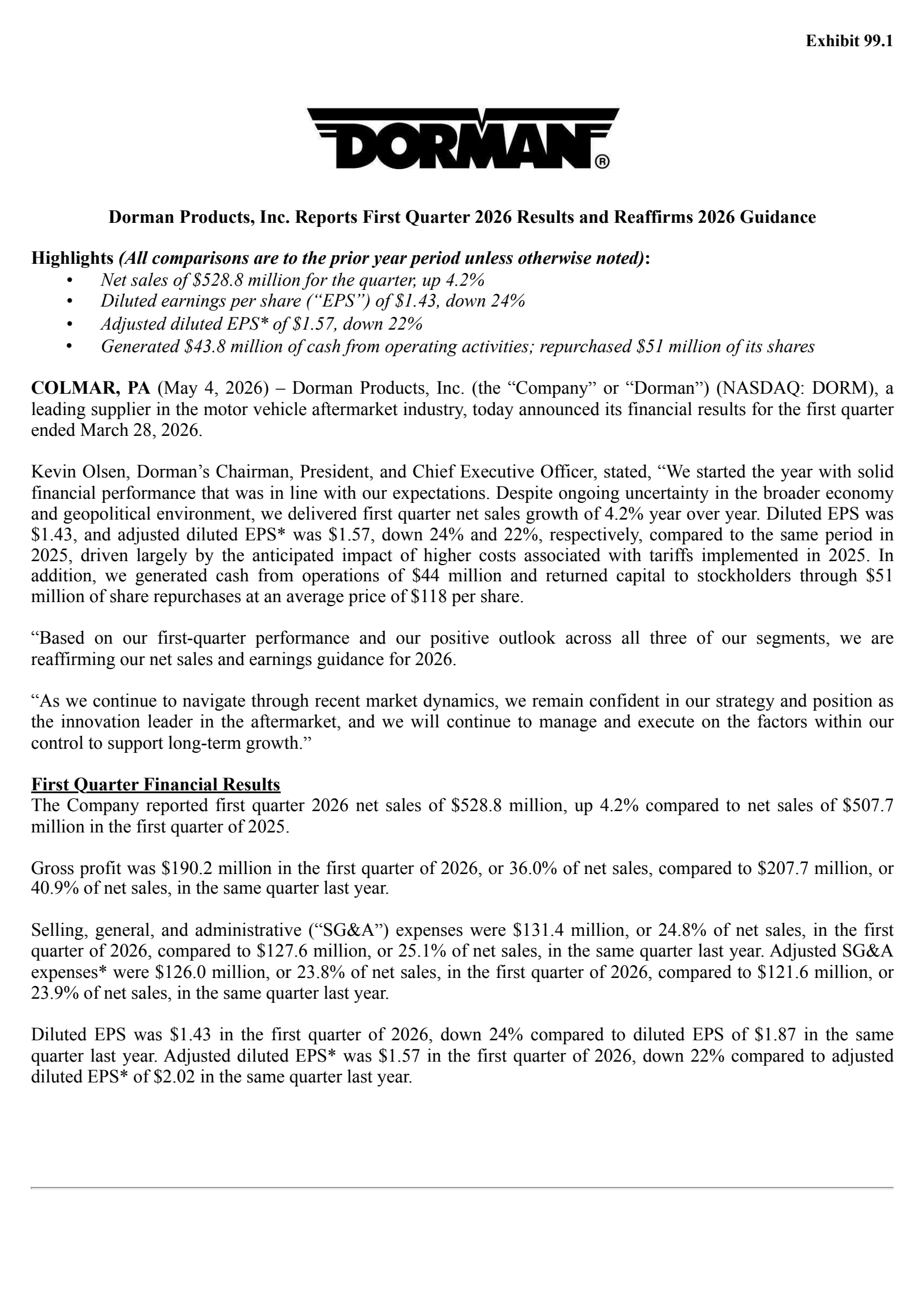 Dorman Products' Q1 2026 Press Release