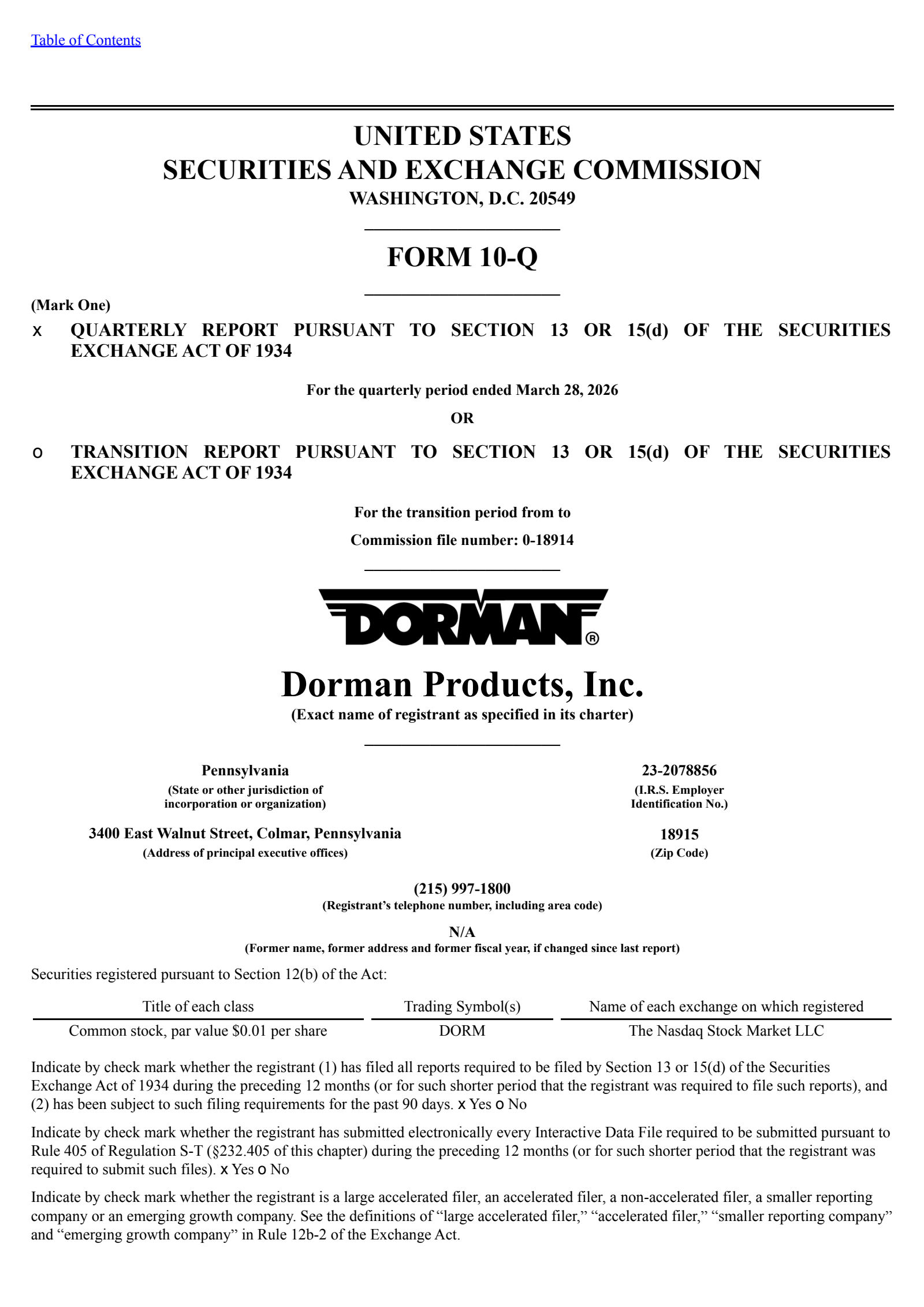 Dorman Products' Q1 2026 Quarterly report