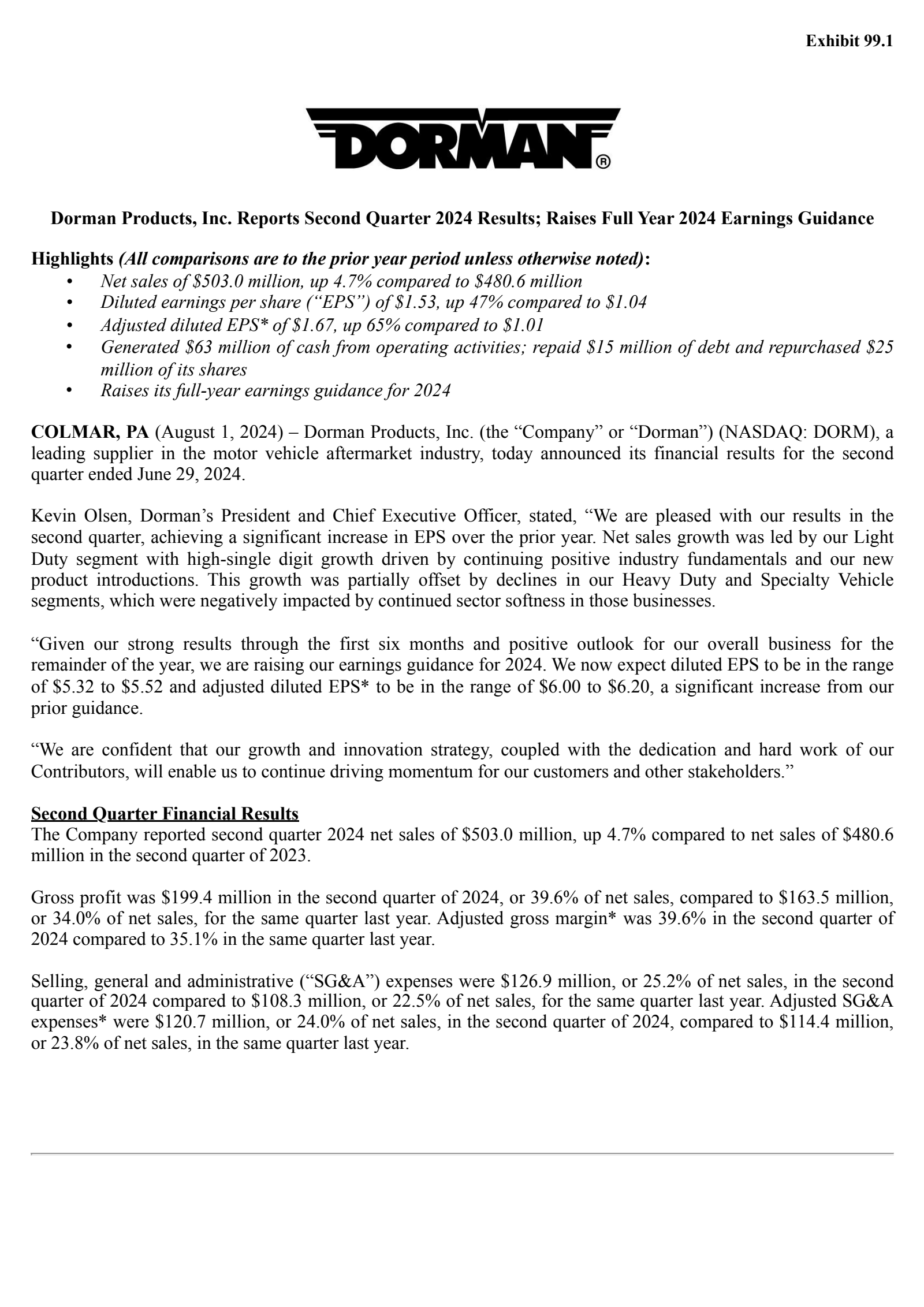 Dorman Products' Q2 2024 Press Release