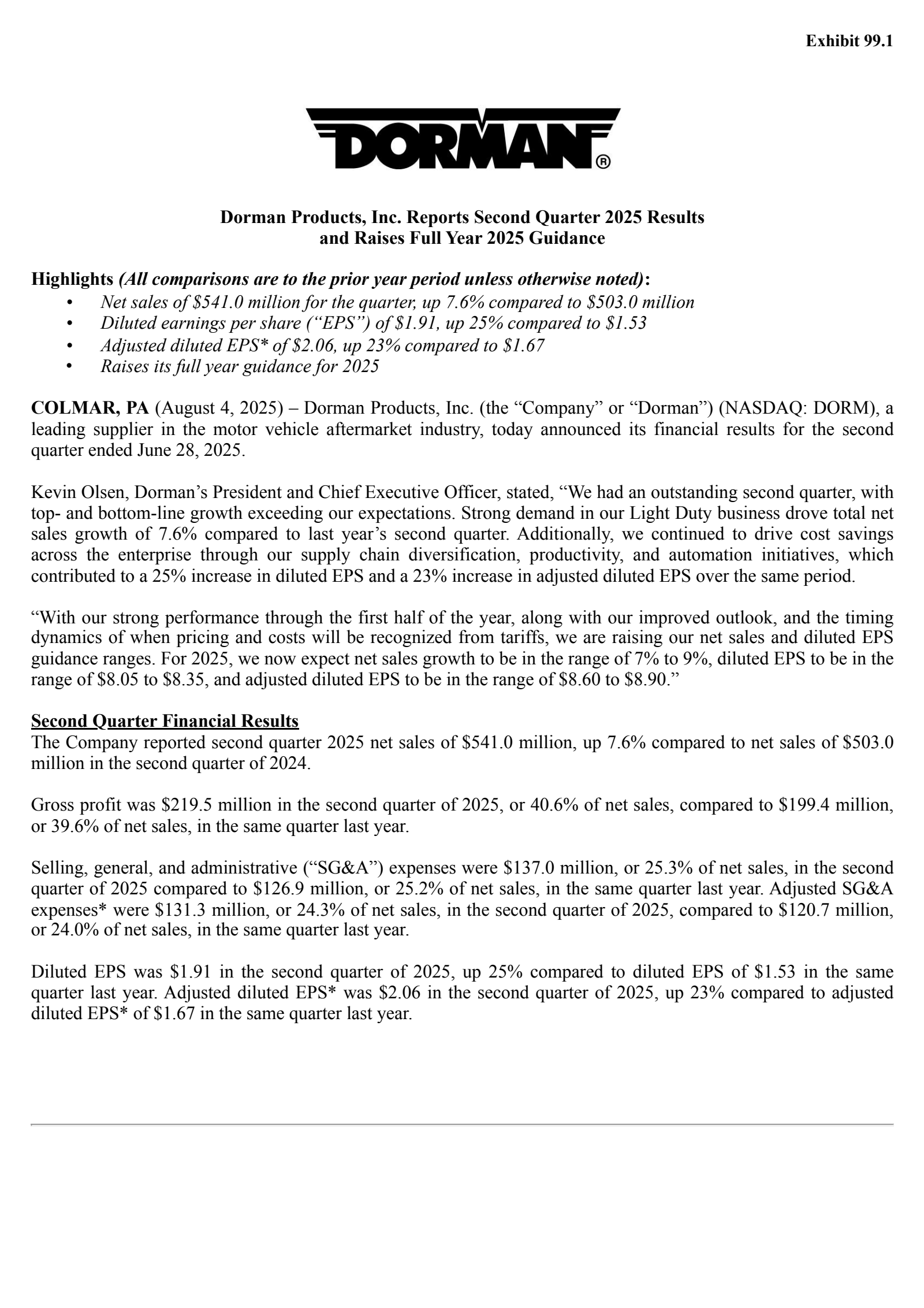Dorman Products' Q2 2025 Press Release