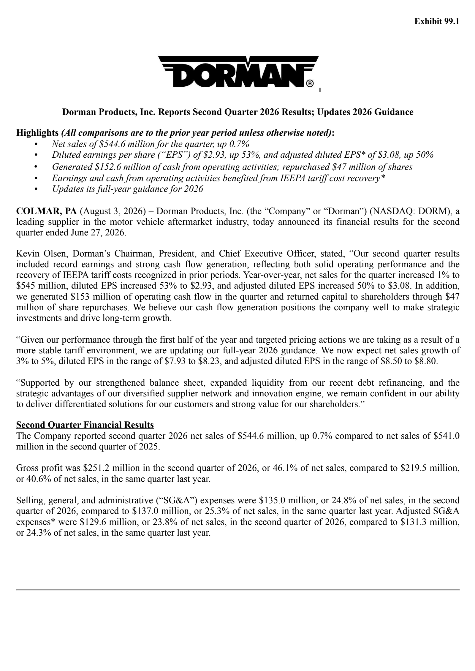 Dorman Products' Q2 2026 Press Release