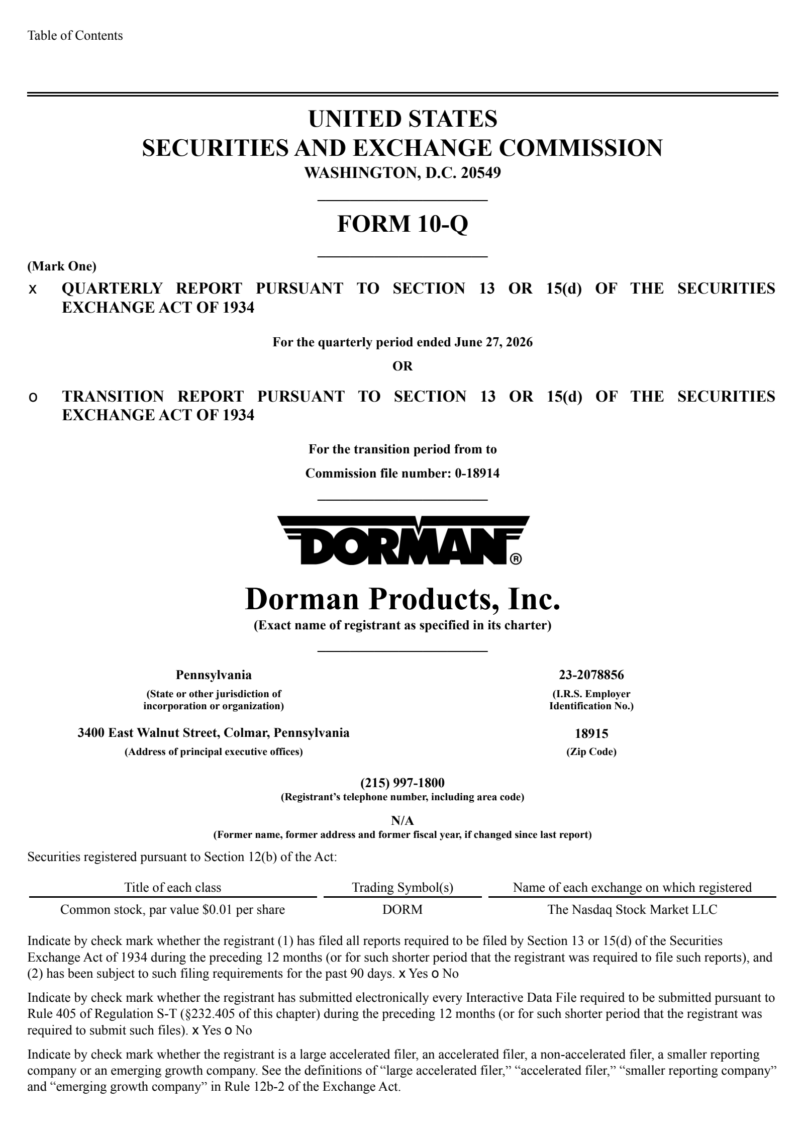 Dorman Products' Q2 2026 Quarterly report