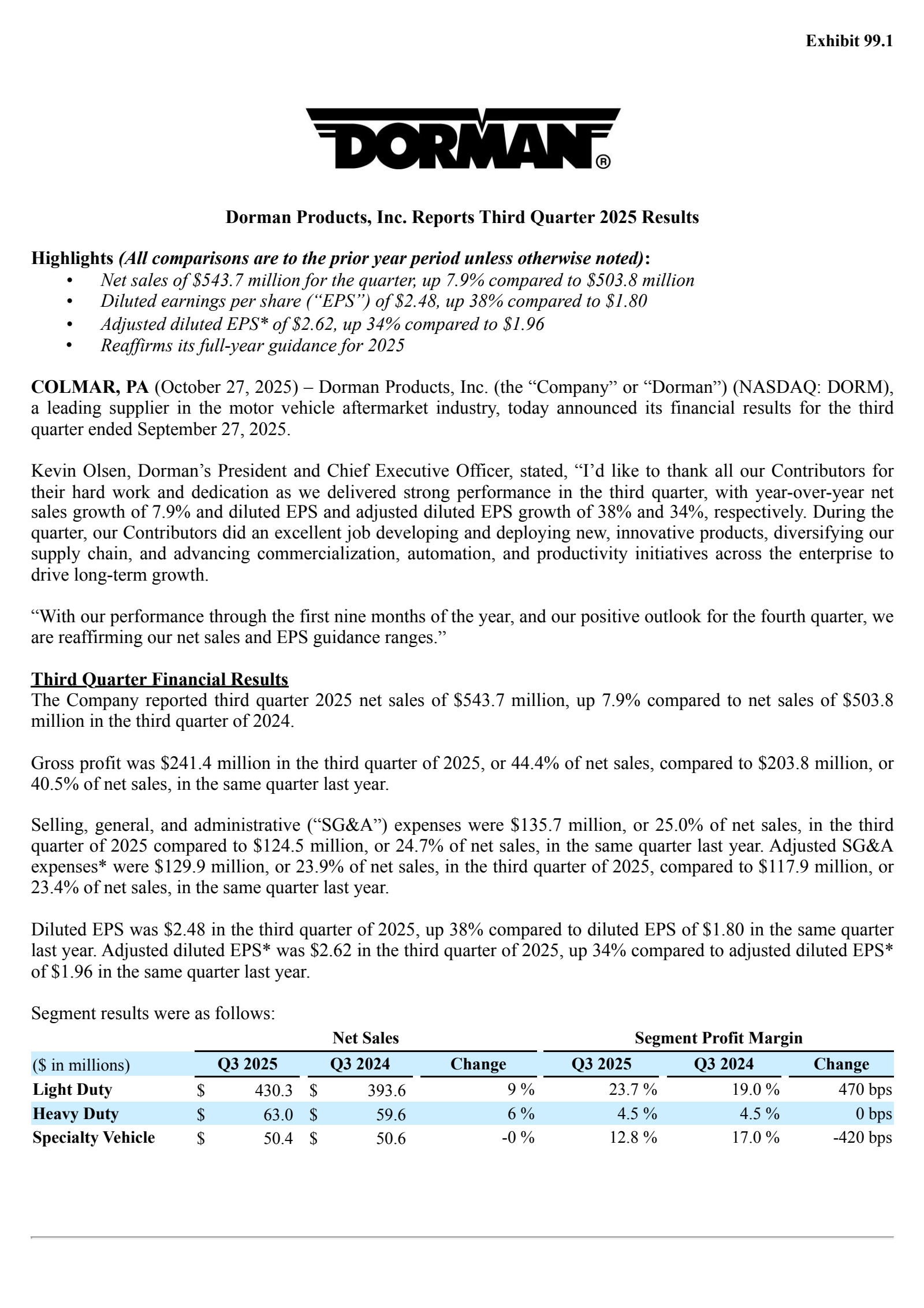 Dorman Products' Q3 2025 Earnings Release