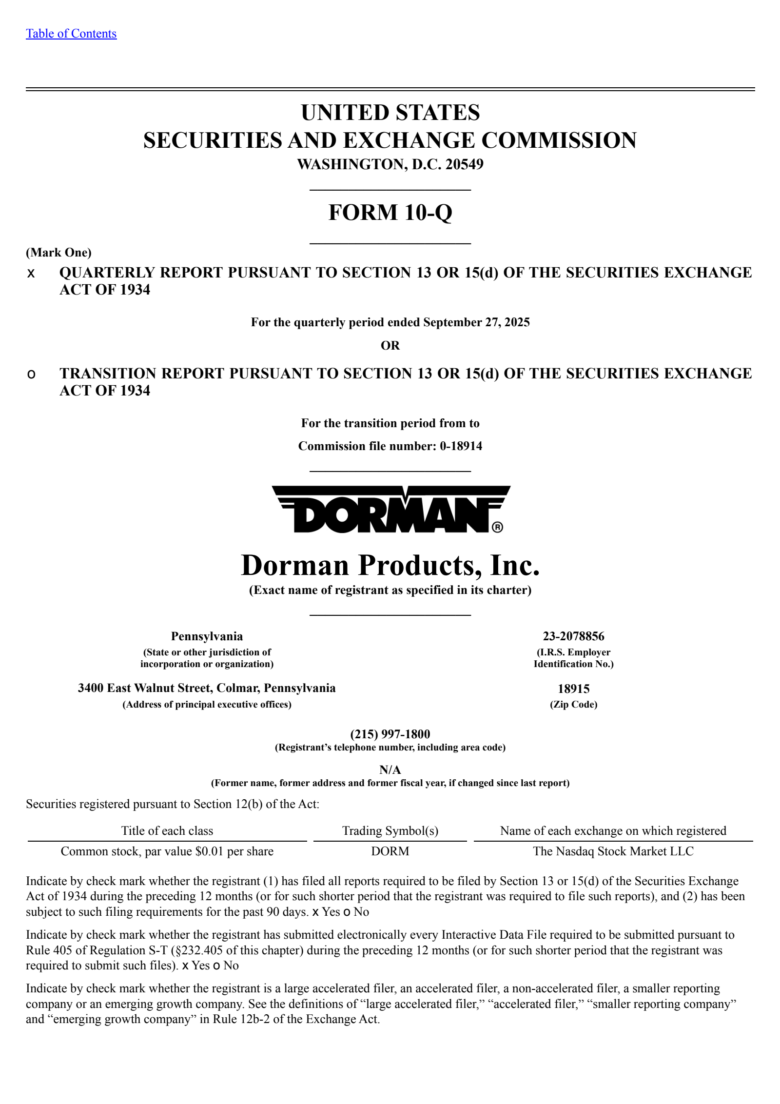 Dorman Products' Q3 2025 Quarterly Report