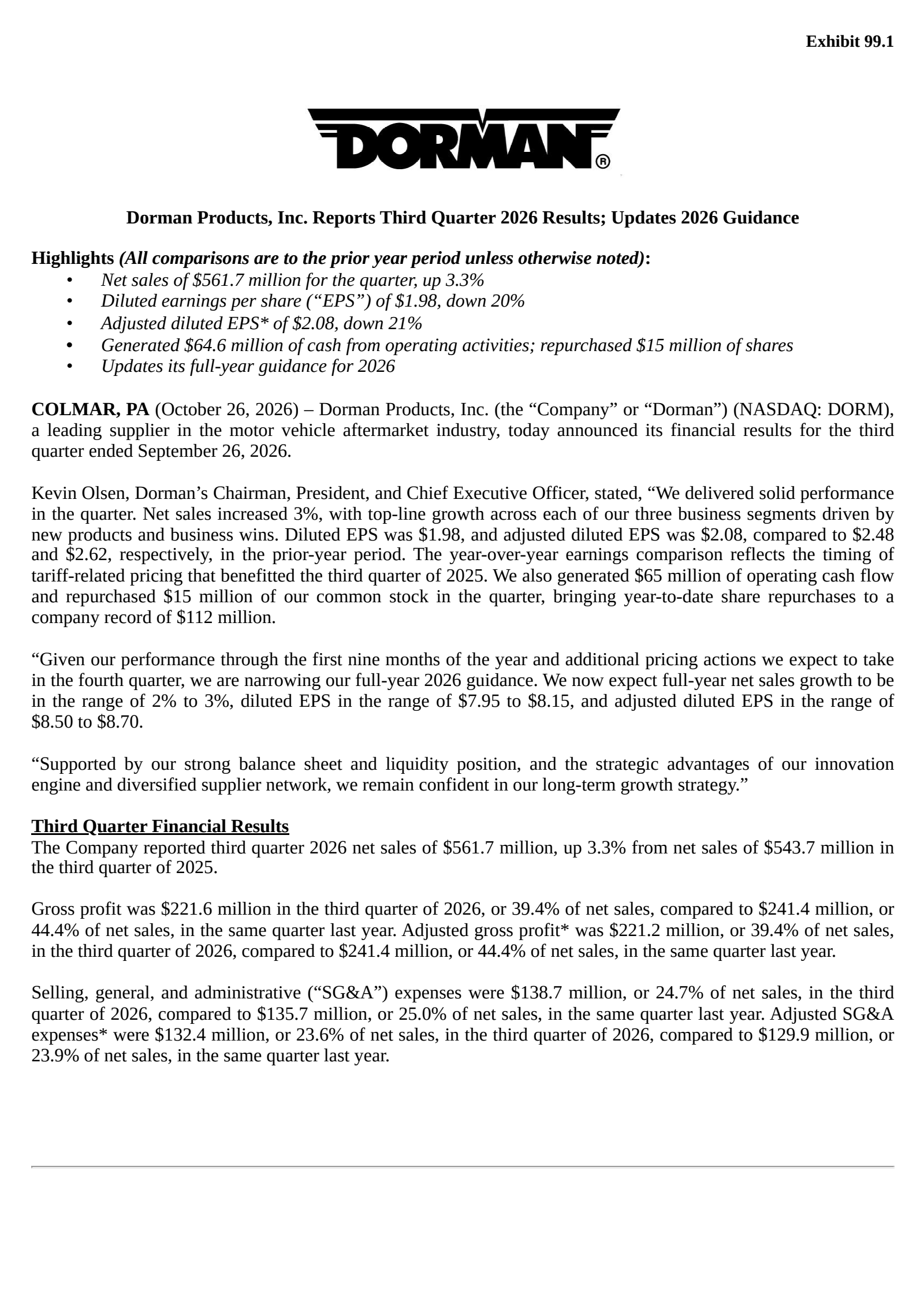 Dorman Products' Q3 2026 Press Release