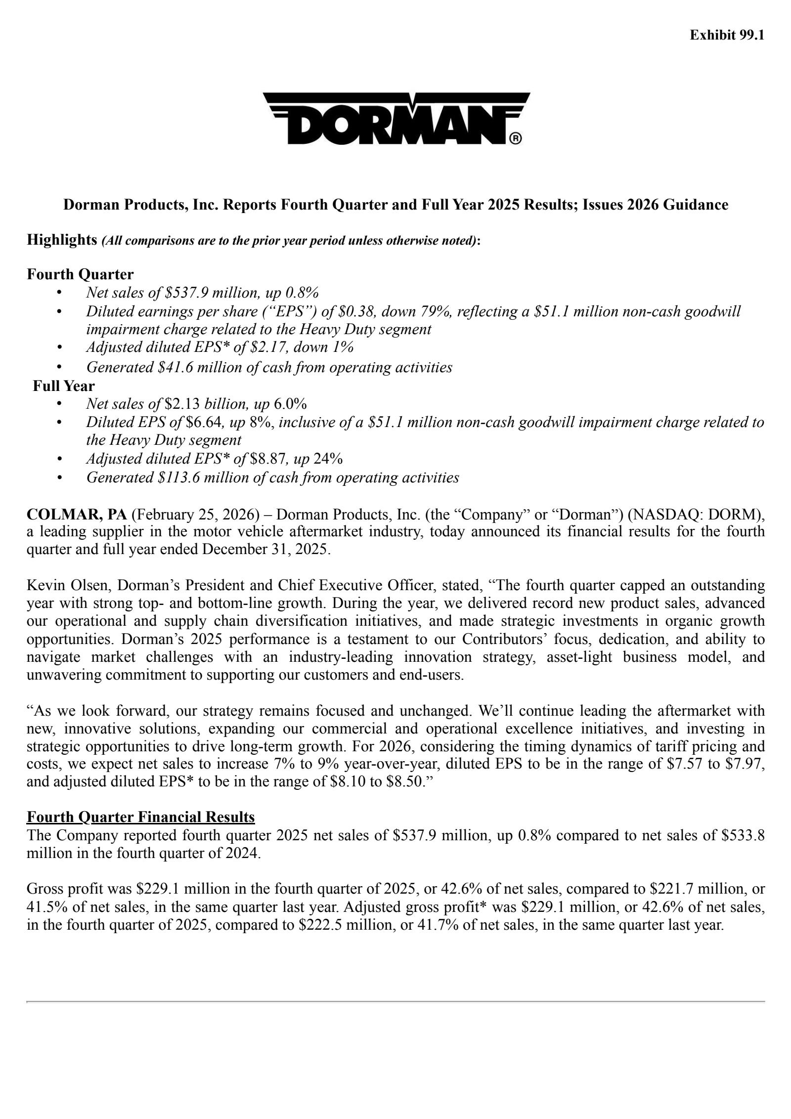 Dorman Products' Q4 2025 Press Release
