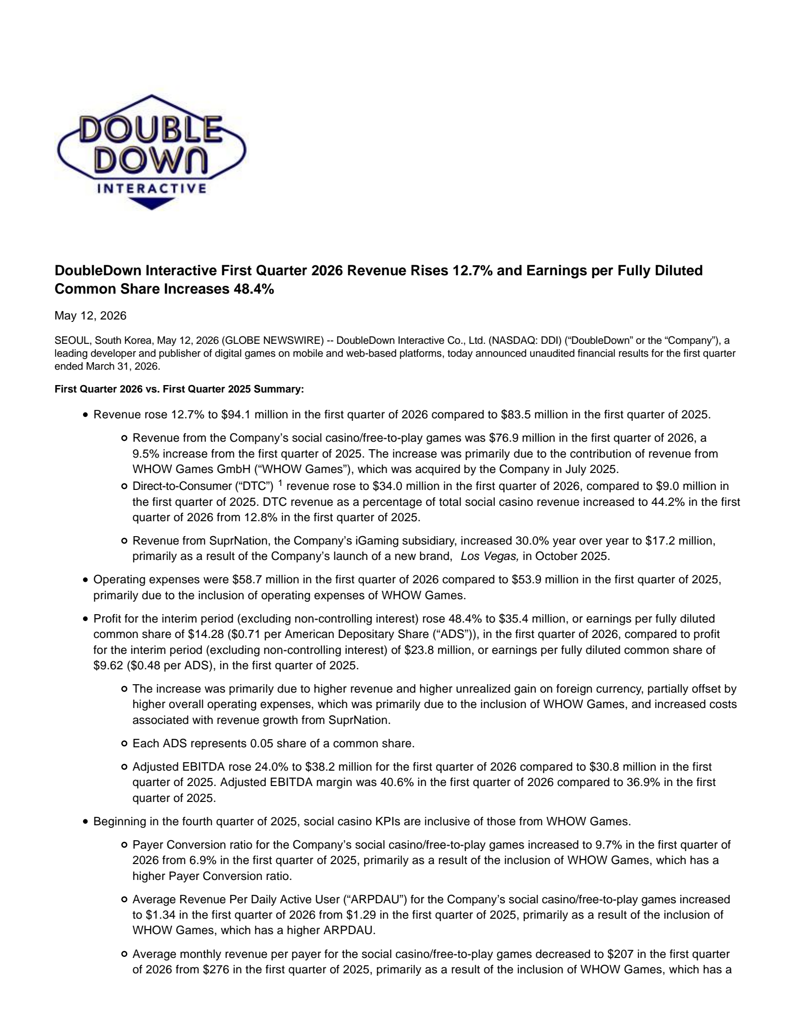 DoubleDown Interactive's Q1 2026 Press Release