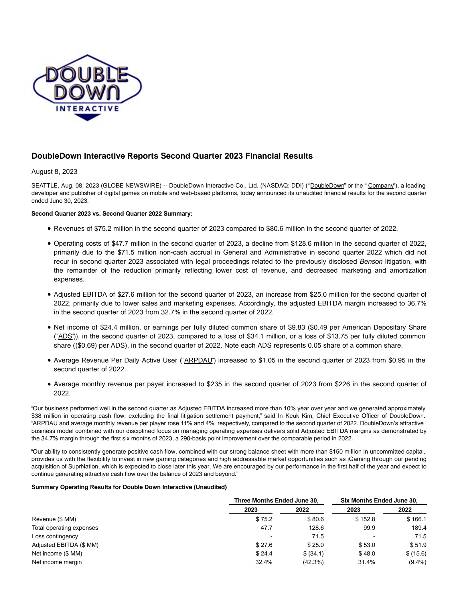DoubleDown Interactive's Q2 2023 Press Release