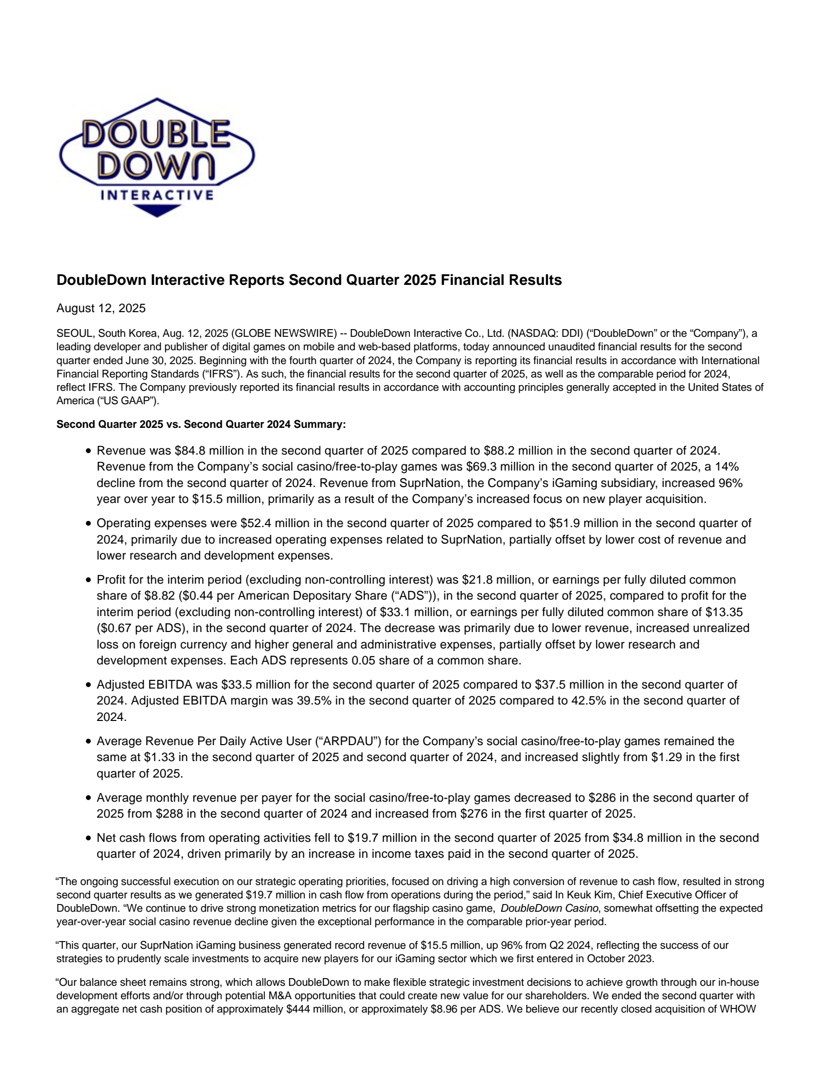 DoubleDown Interactive's Q2 2025 Press Release