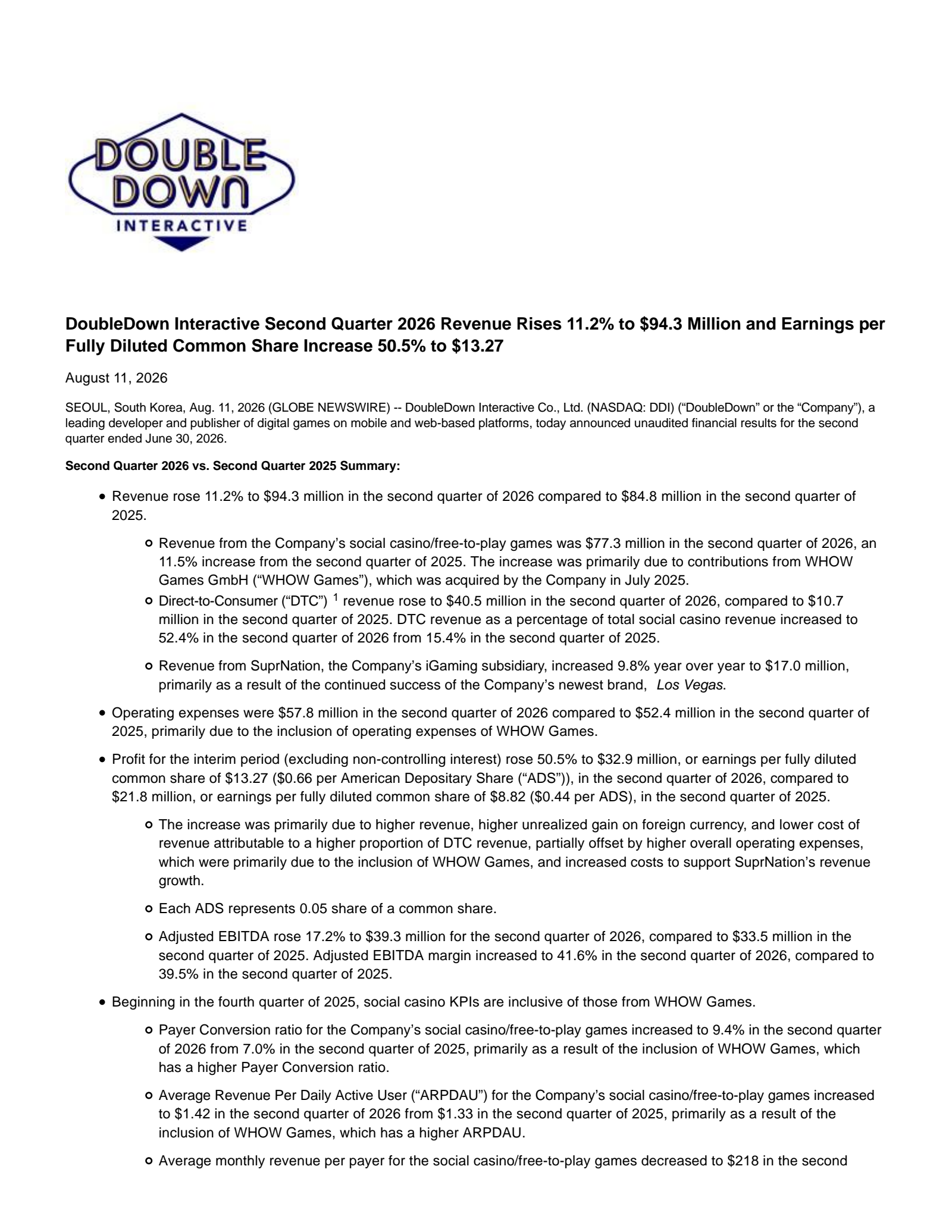 DoubleDown Interactive's Q2 2026 Press Release