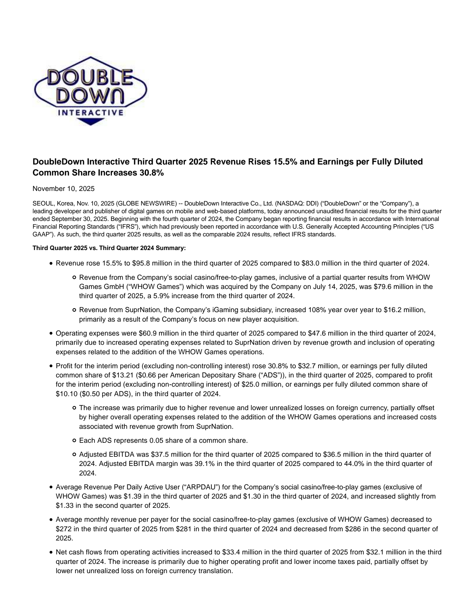 DoubleDown Interactive's Q3 2025 Earnings Release