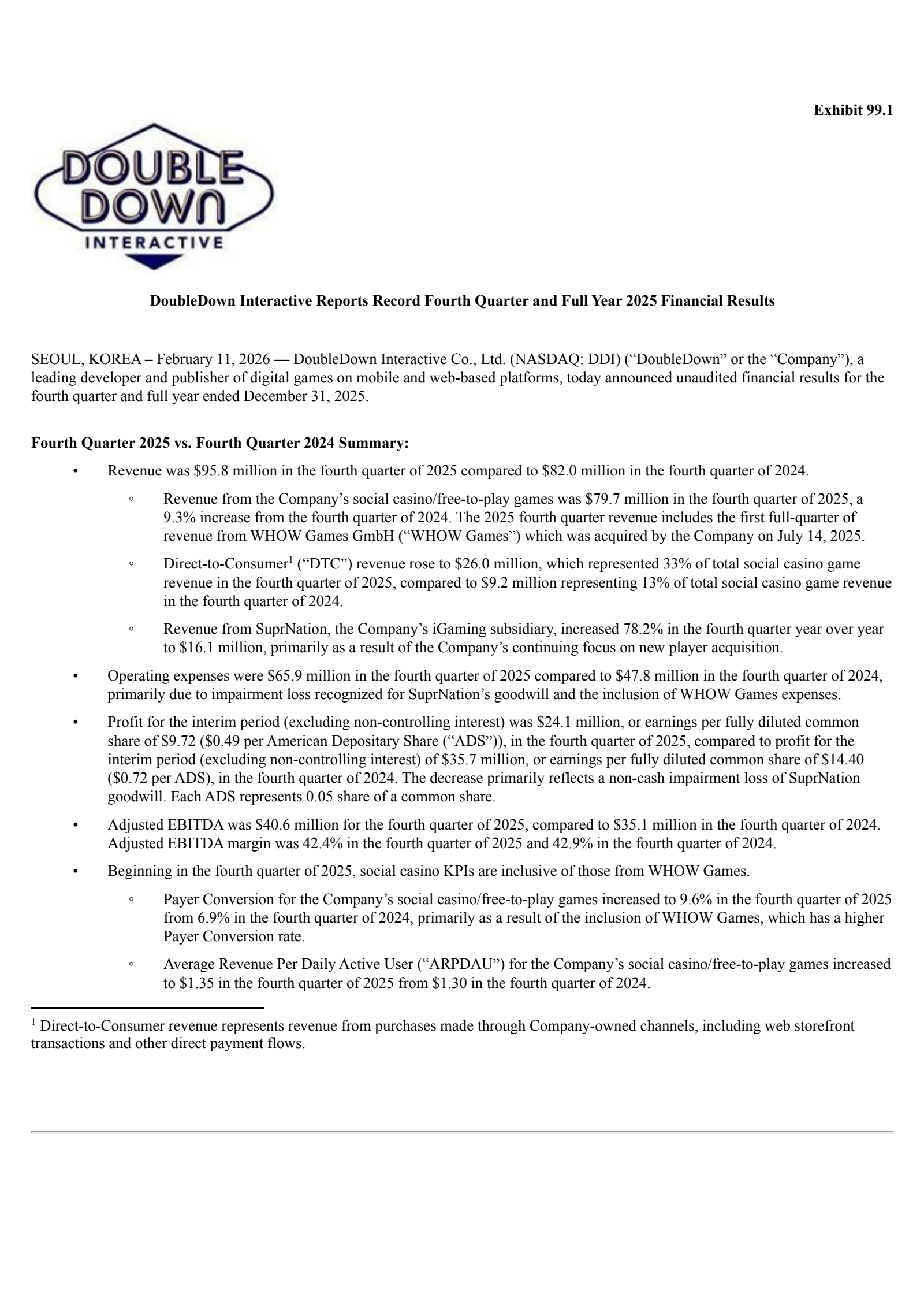 DoubleDown Interactive's Q4 2025 Press Release