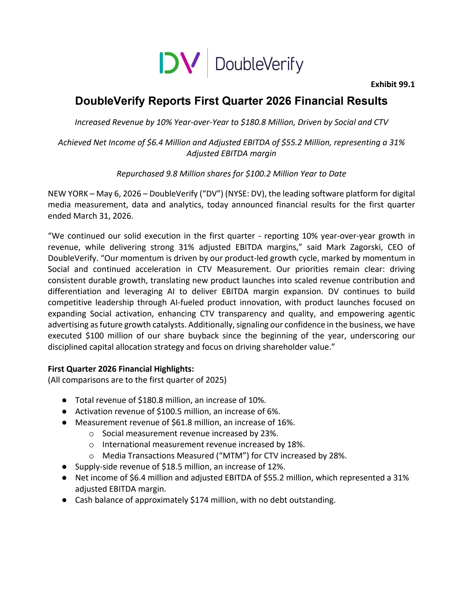 DoubleVerify's Q1 2026 Press Release