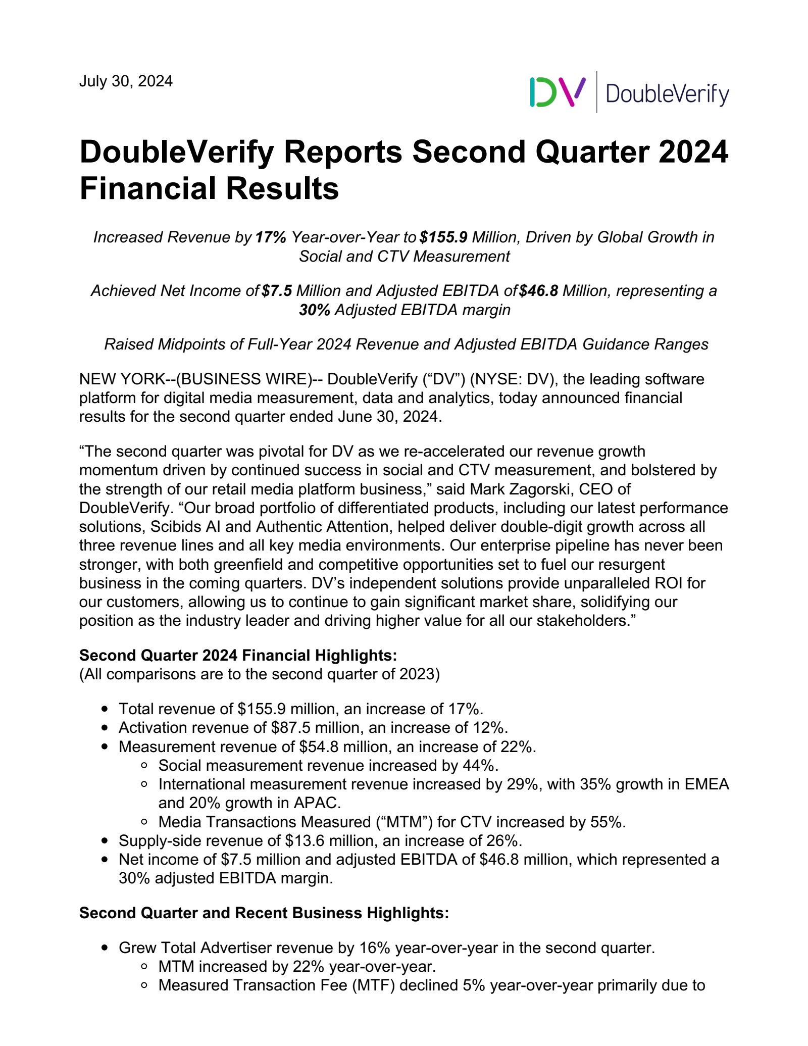 DoubleVerify's Q2 2024 Earnings Release