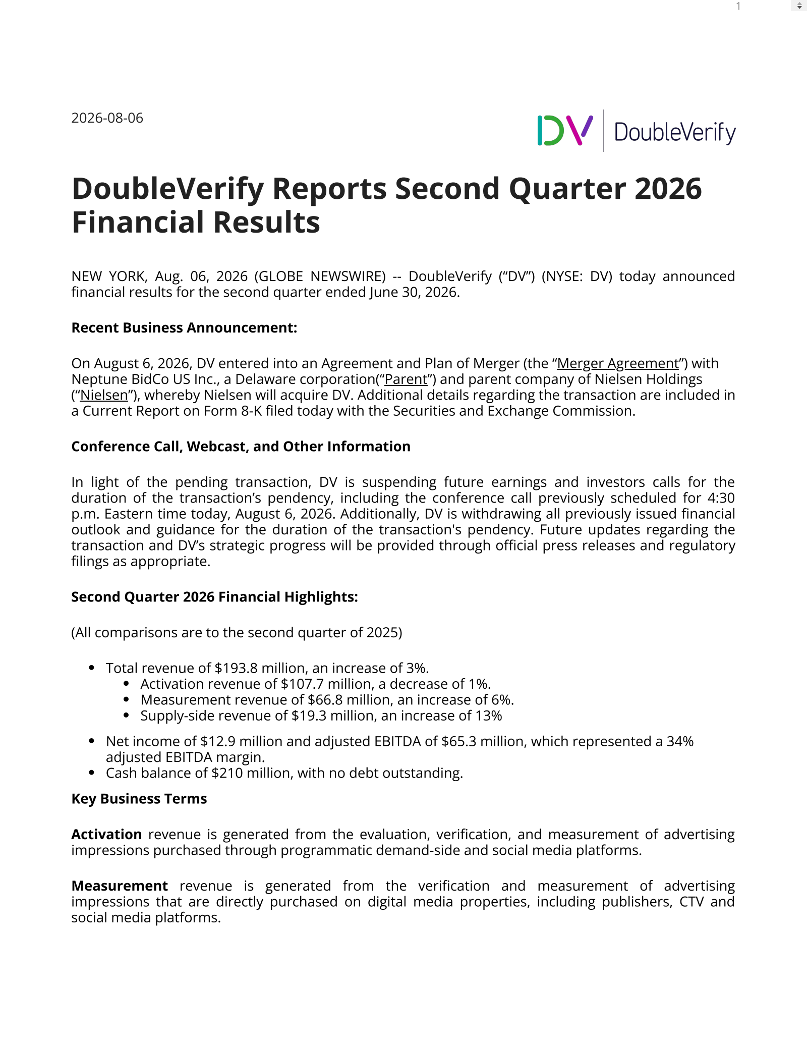 DoubleVerify's Q2 2026 Press Release