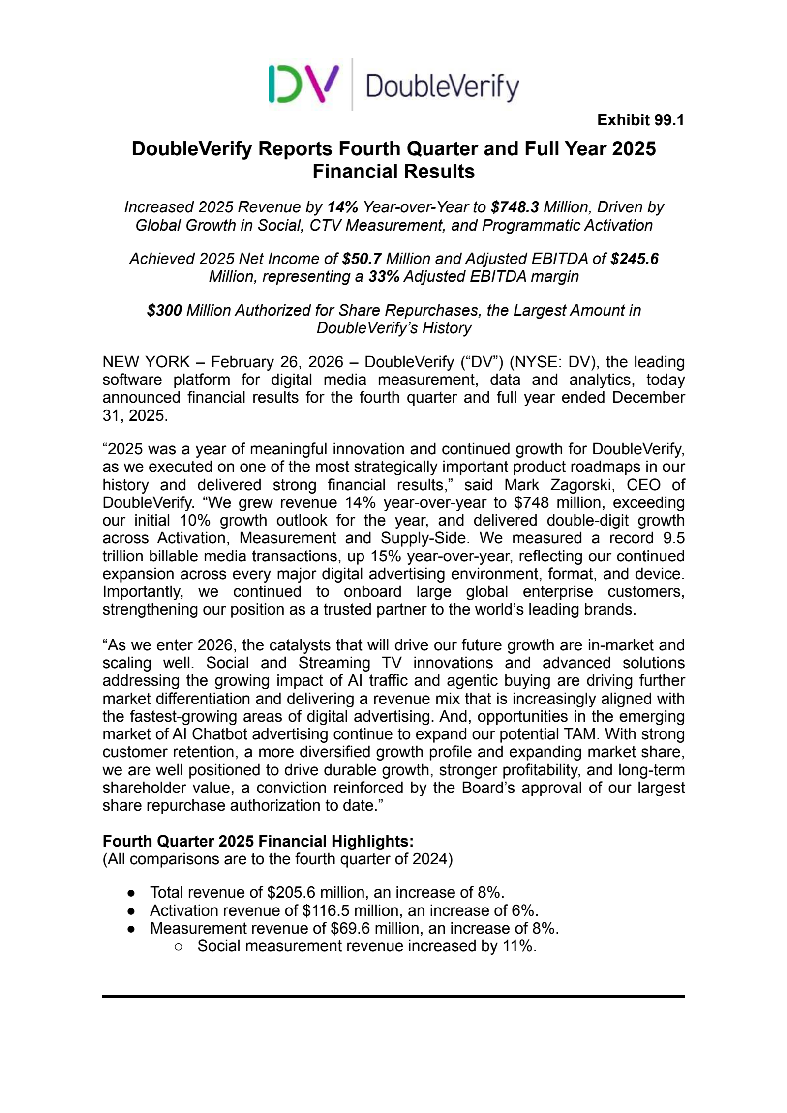 DoubleVerify's Q4 2025 Press Release