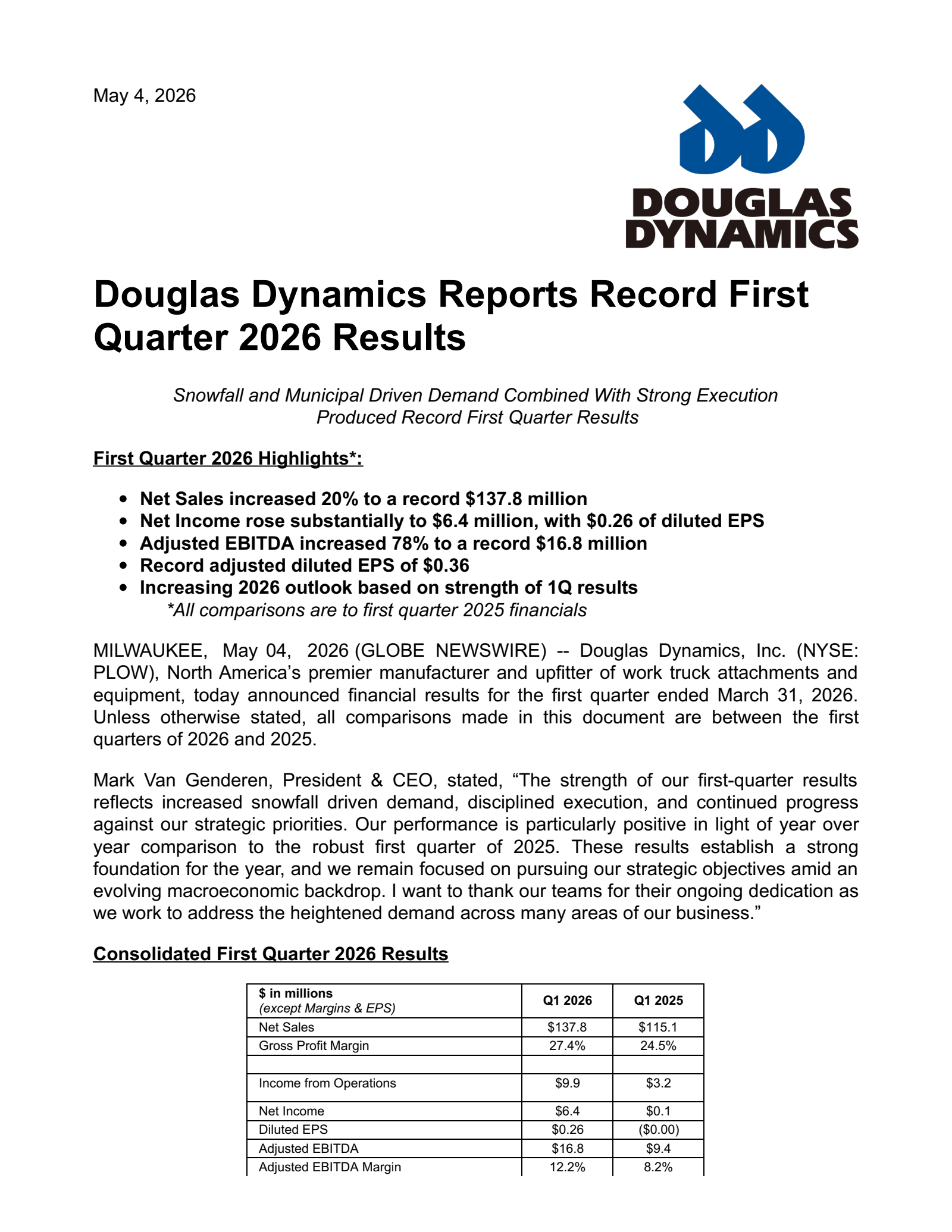 Douglas Dynamics' Q1 2026 Press Release