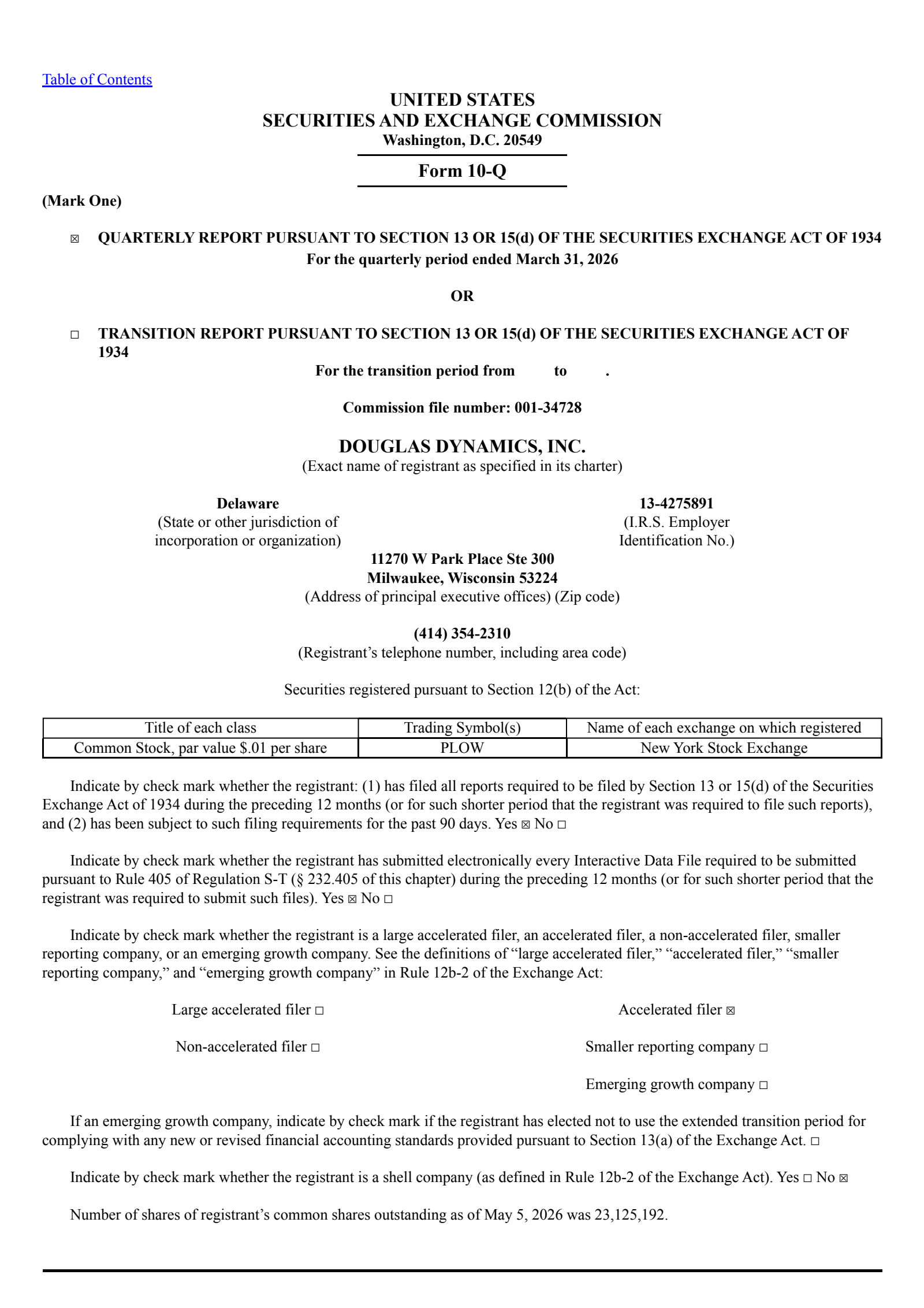Douglas Dynamics' Q1 2026 Quarterly report