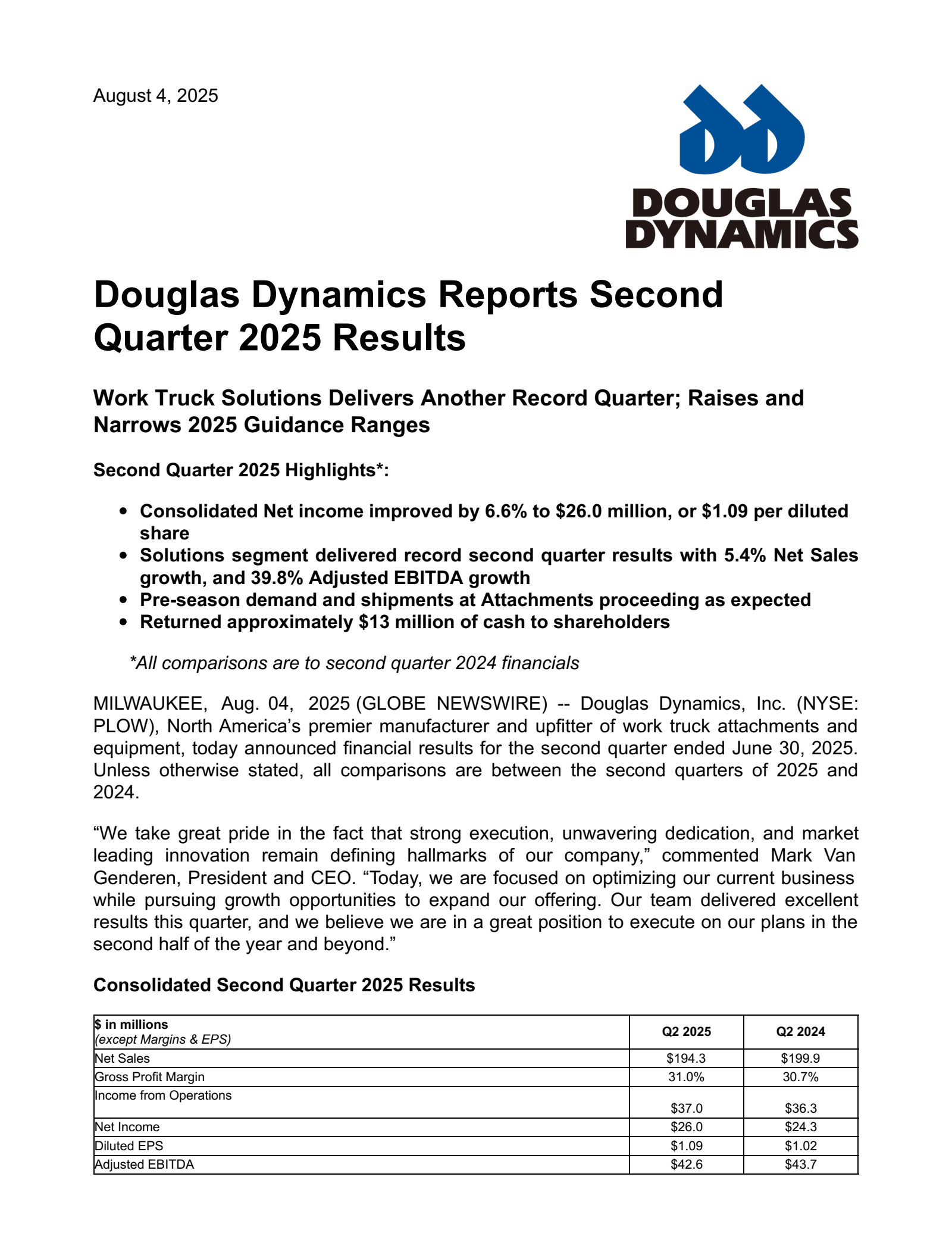 Douglas Dynamics' Q2 2025 Press Release