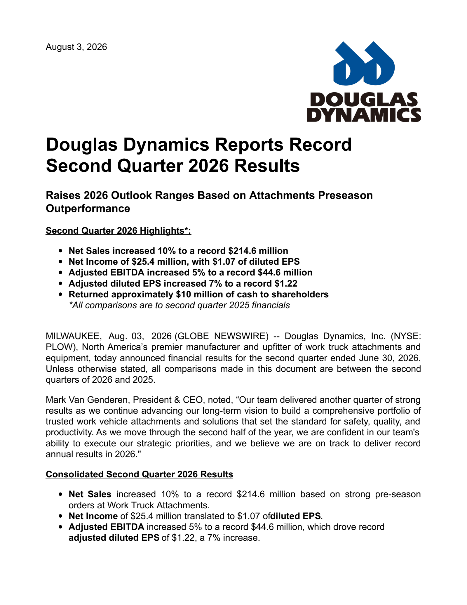 Douglas Dynamics' Q2 2026 Press Release